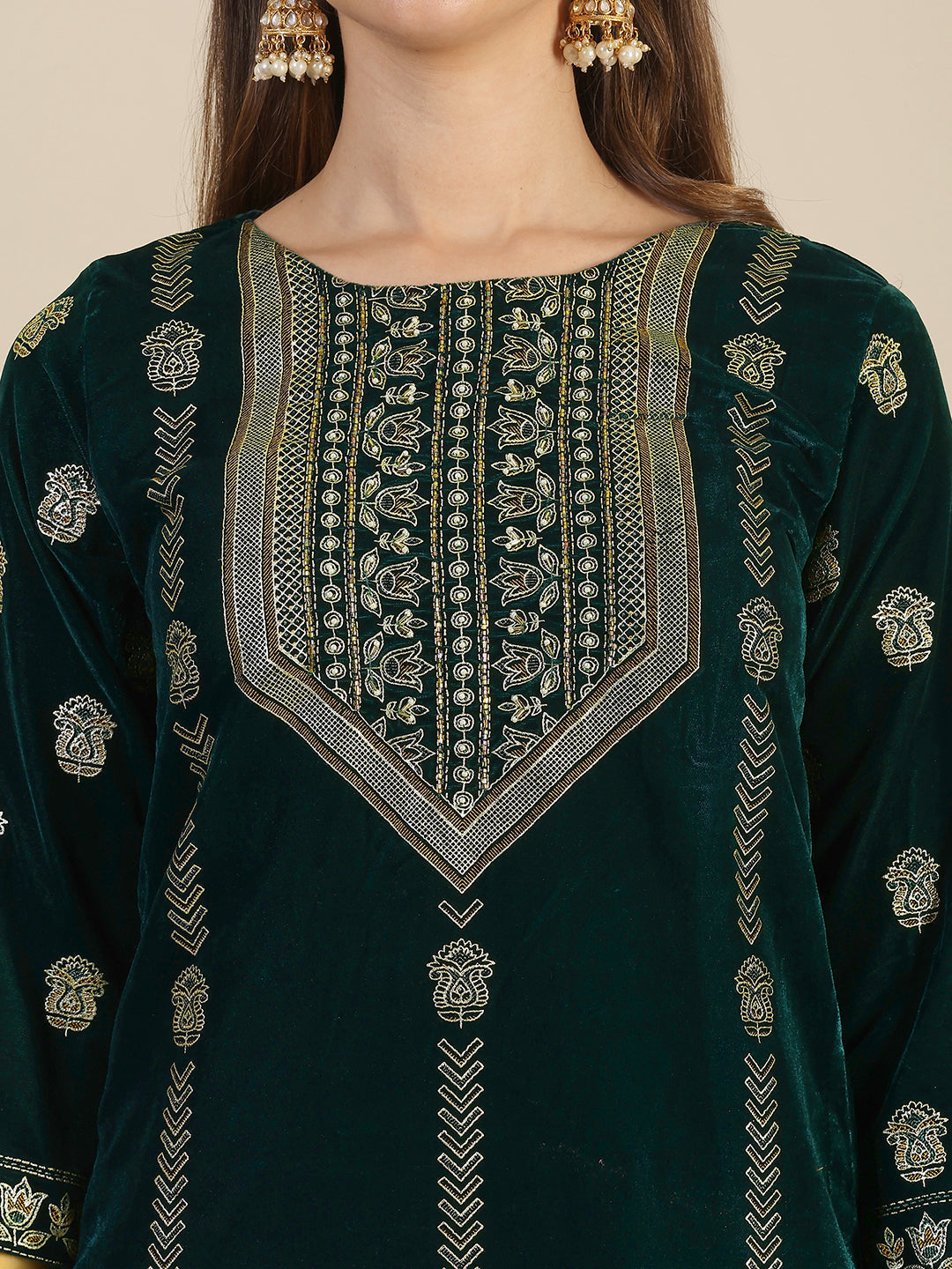 Hand & Foil Printed Velvet Kurta With Pant & Dupatta, Bottle-Green - Hiral Fashion