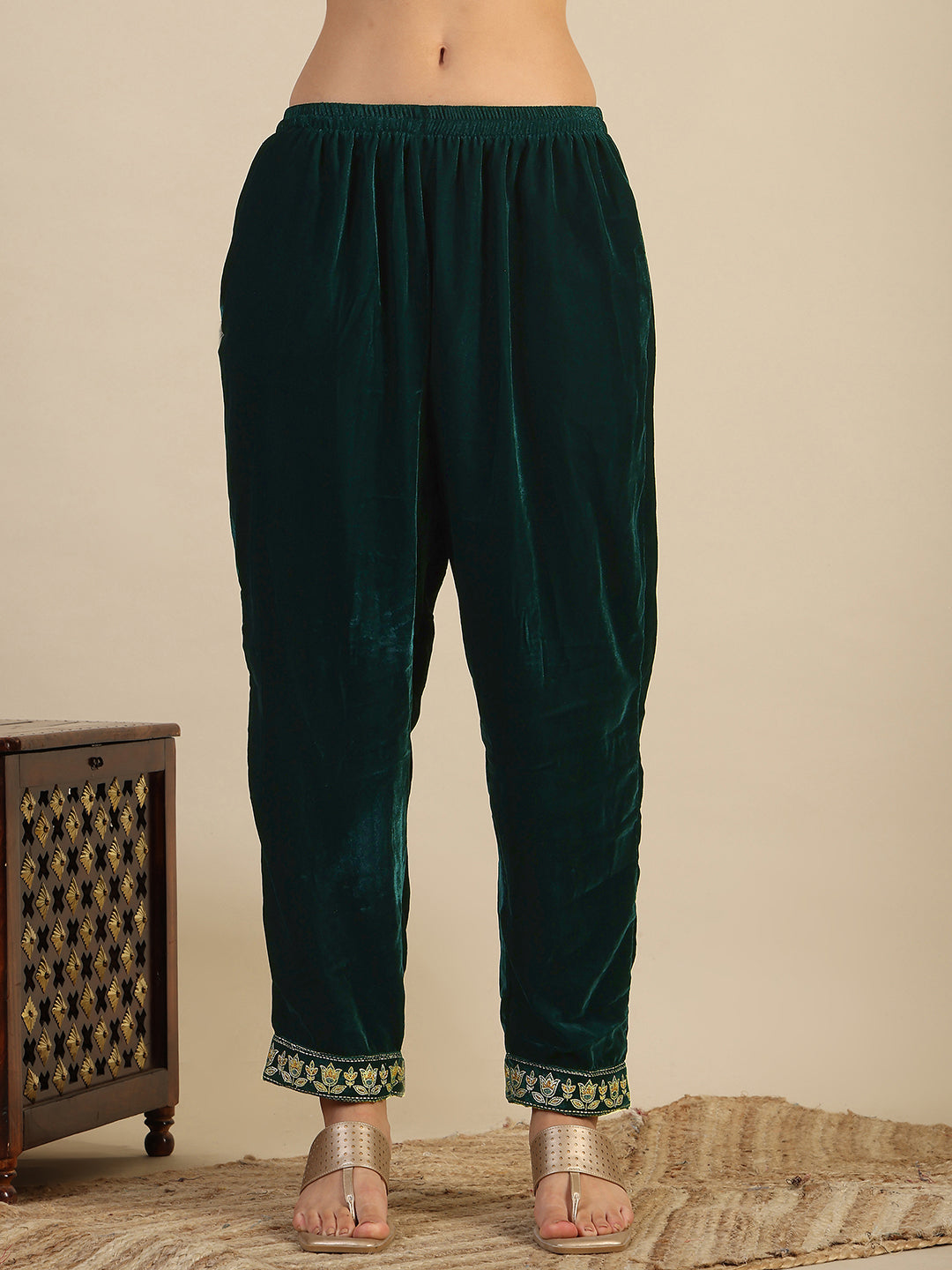 Hand & Foil Printed Velvet Kurta With Pant & Dupatta, Bottle-Green - Hiral Fashion