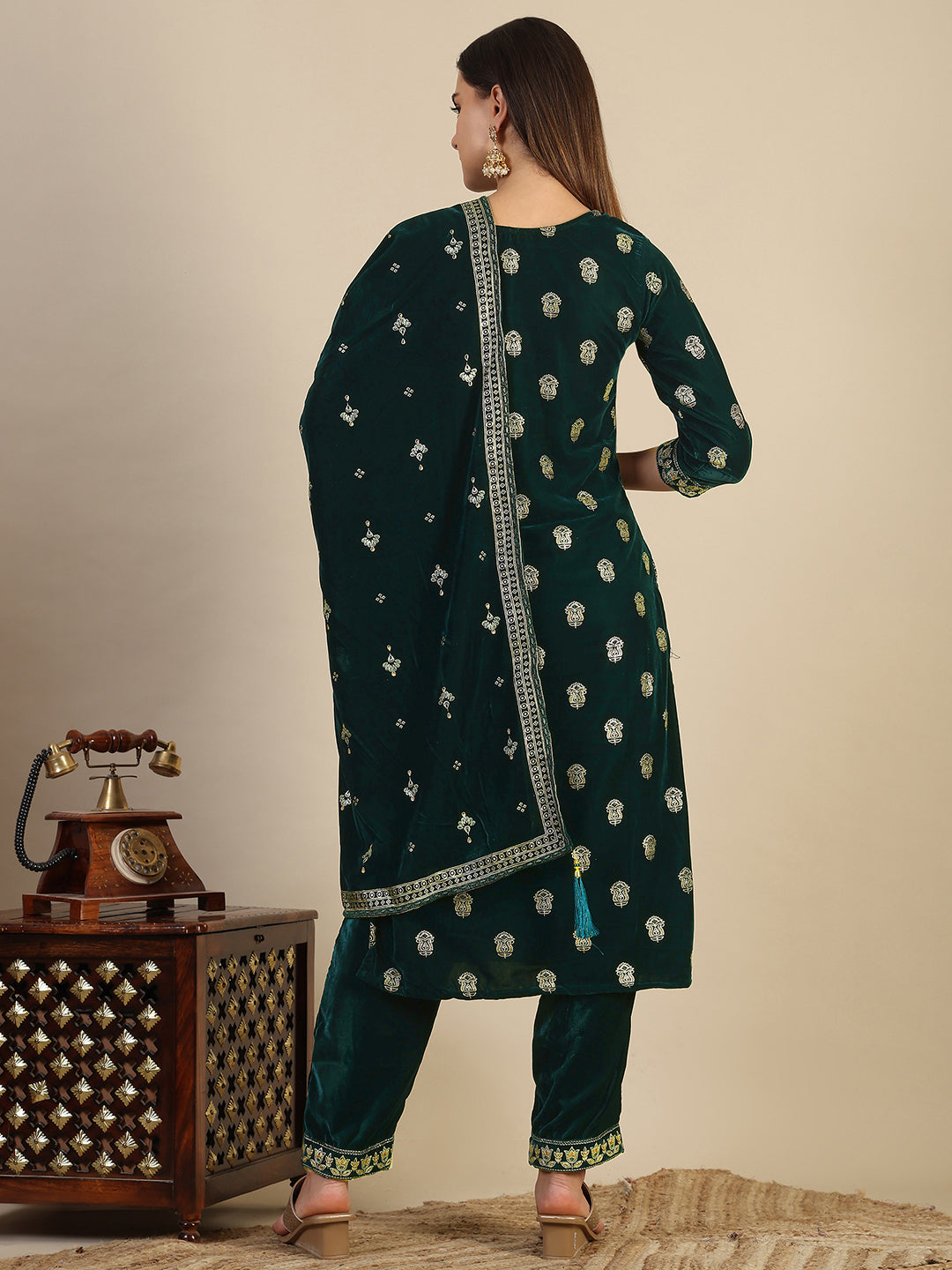 Hand & Foil Printed Velvet Kurta With Pant & Dupatta, Bottle-Green - Hiral Fashion
