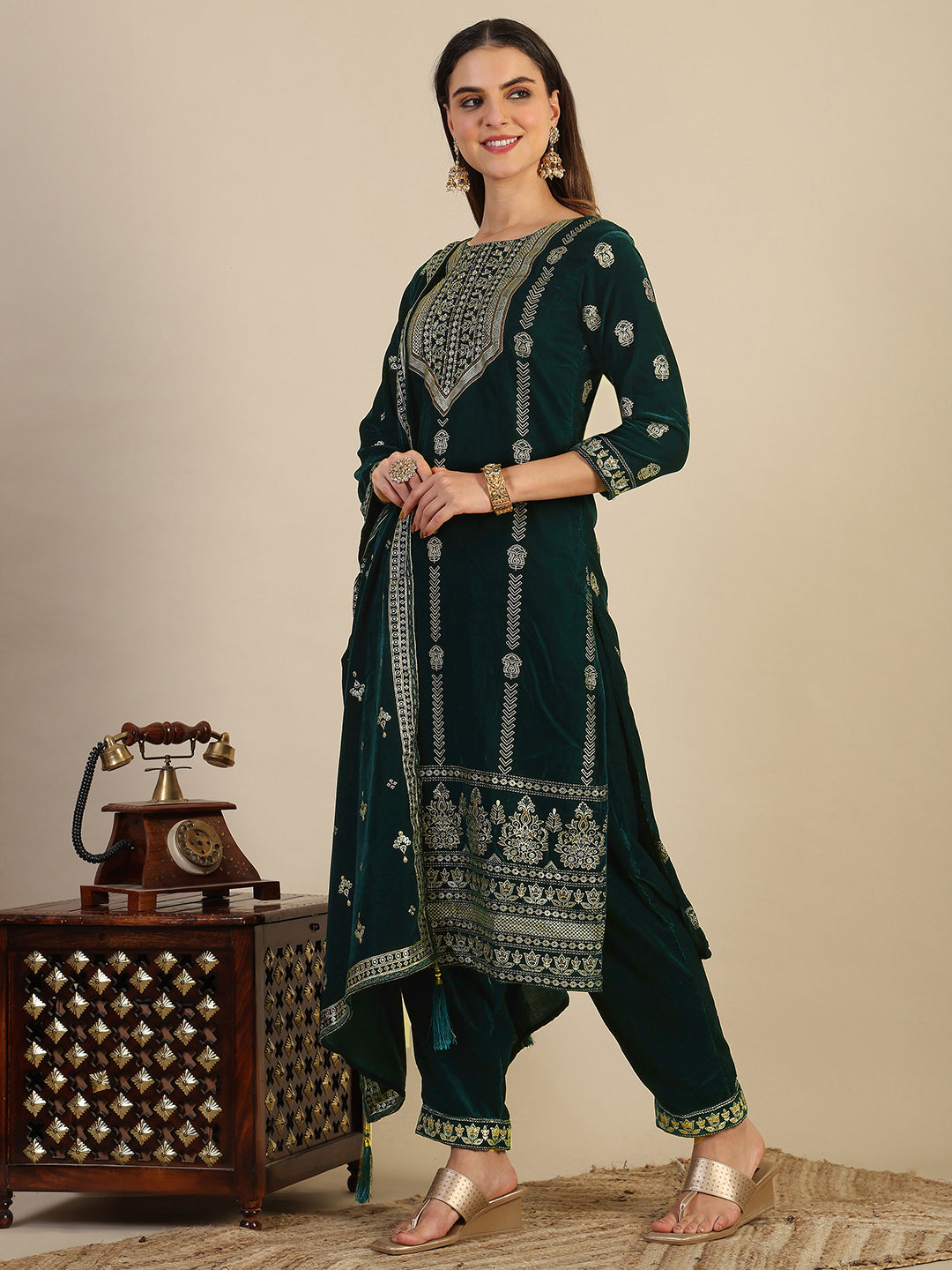Hand & Foil Printed Velvet Kurta With Pant & Dupatta, Bottle-Green - Hiral Fashion
