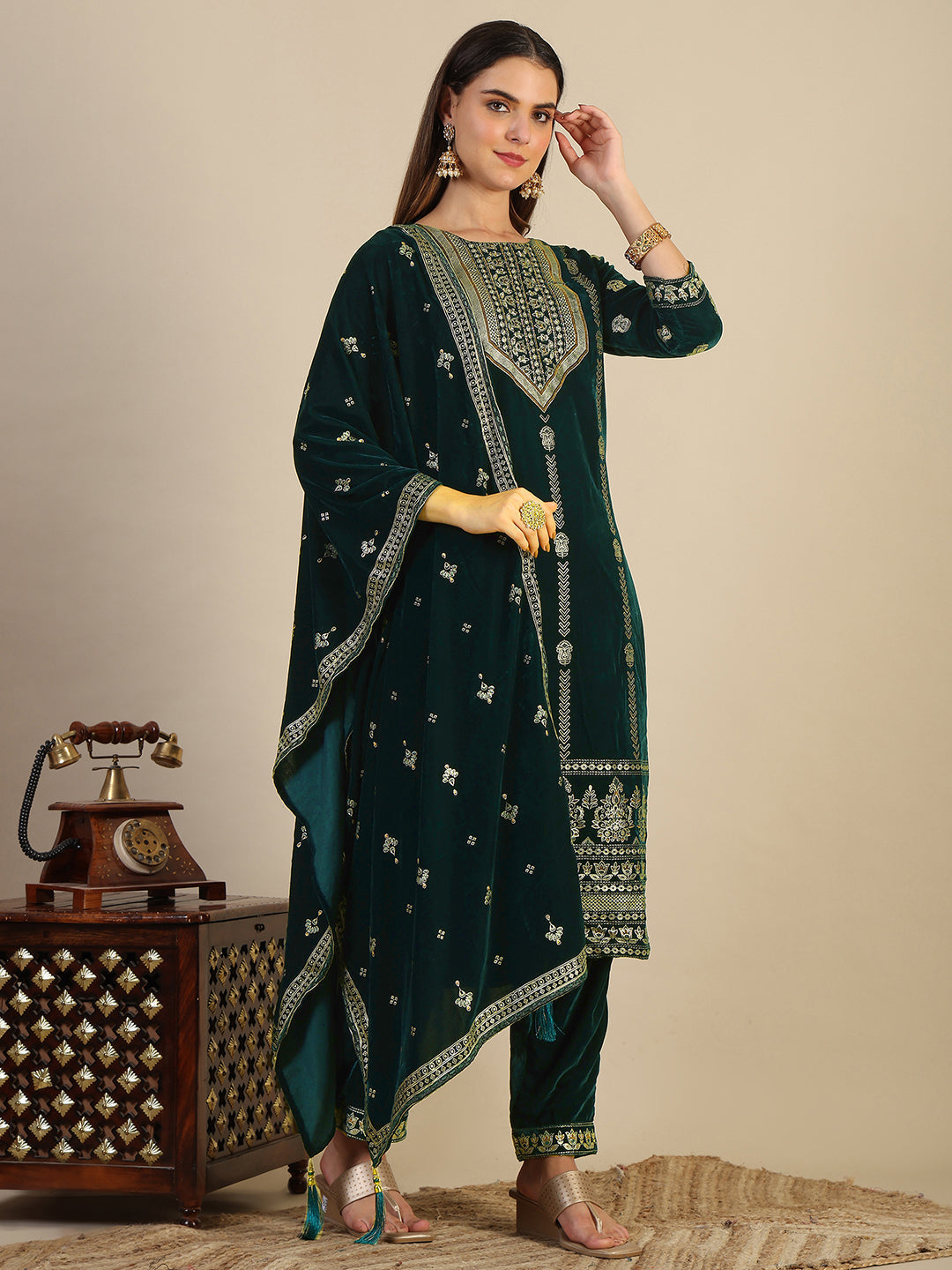 Hand & Foil Printed Velvet Kurta With Pant & Dupatta, Bottle-Green - Hiral Fashion