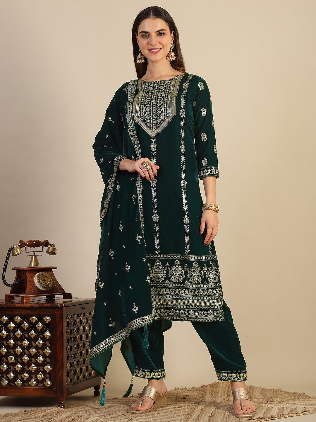 Hand & Foil Printed Velvet Kurta With Pant & Dupatta, Bottle-Green - Hiral Fashion