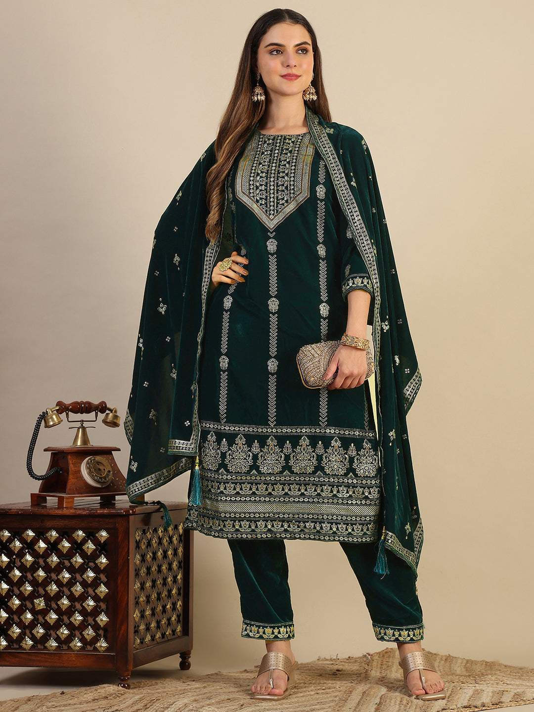 Hand & Foil Printed Velvet Kurta With Pant & Dupatta, Bottle-Green - Hiral Fashion