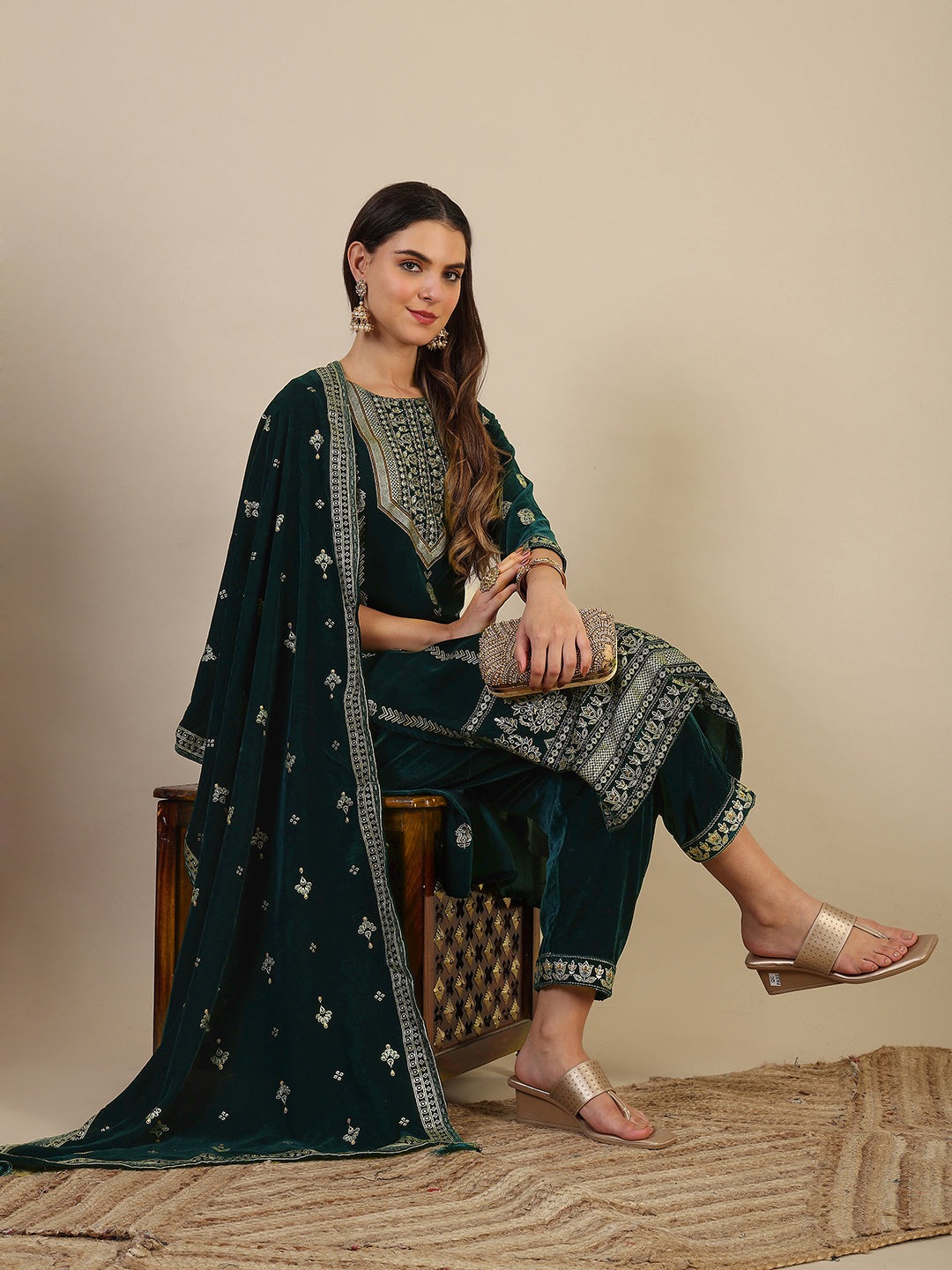 Hand & Foil Printed Velvet Kurta With Pant & Dupatta, Bottle-Green - Hiral Fashion