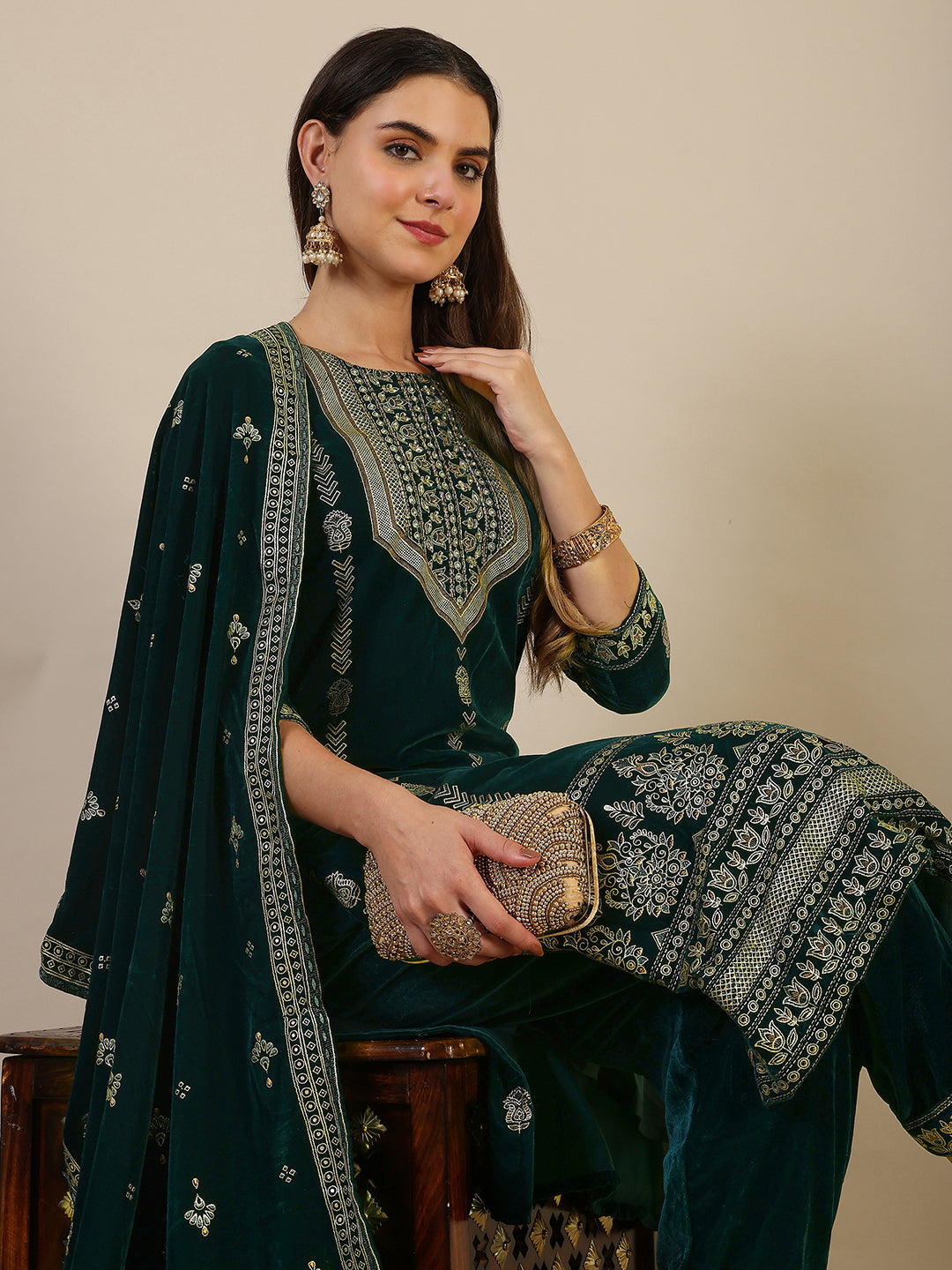 Hand & Foil Printed Velvet Kurta With Pant & Dupatta, Bottle-Green - Hiral Fashion