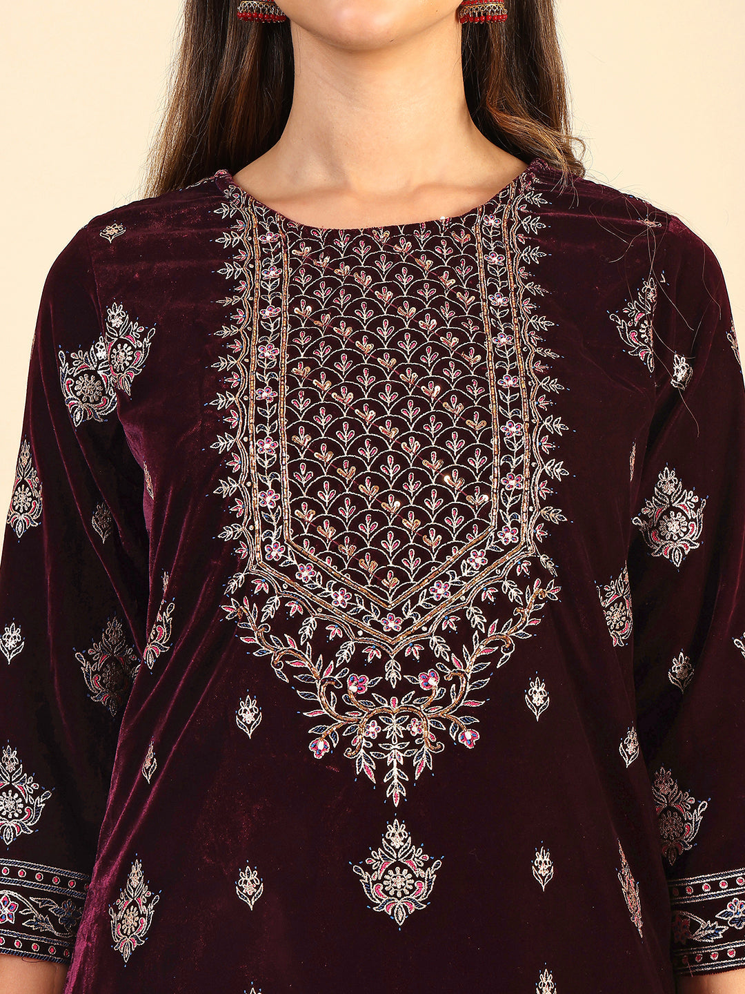 Hand & Foil Printed Velvet Kurta With Pant & Dupatta, Wine - Hiral Fashion