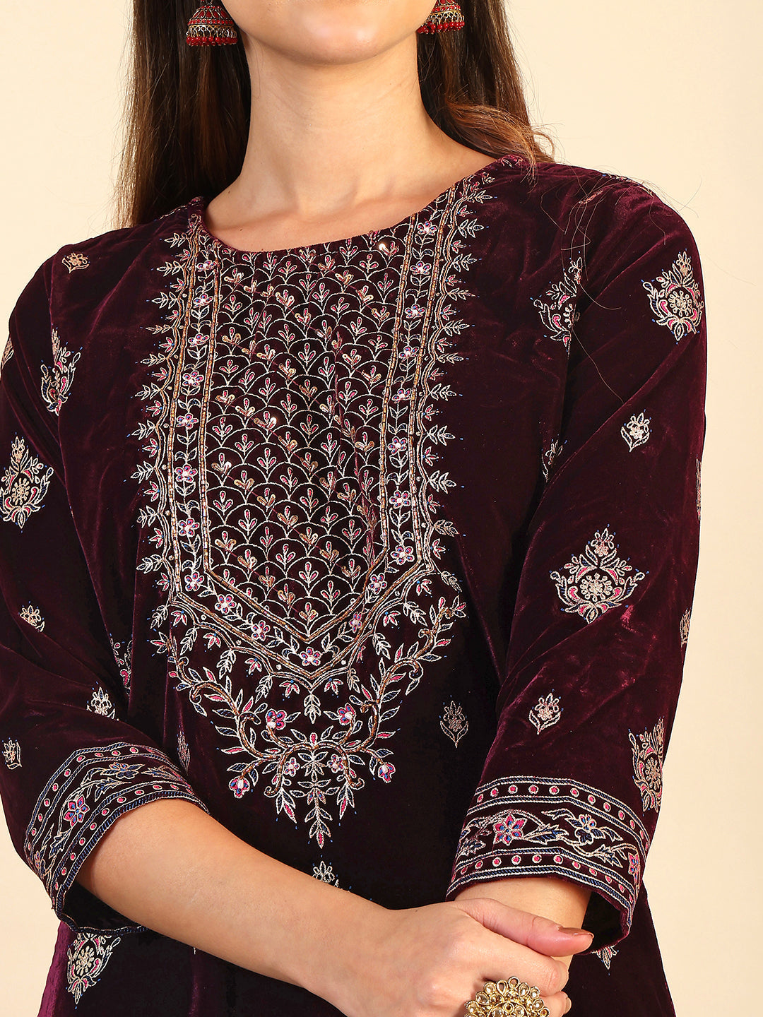 Hand & Foil Printed Velvet Kurta With Pant & Dupatta, Wine - Hiral Fashion