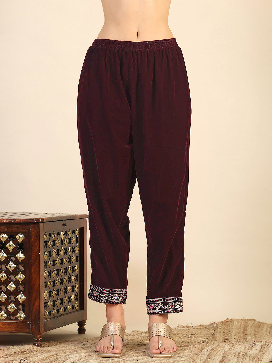 Hand & Foil Printed Velvet Kurta With Pant & Dupatta, Wine - Hiral Fashion