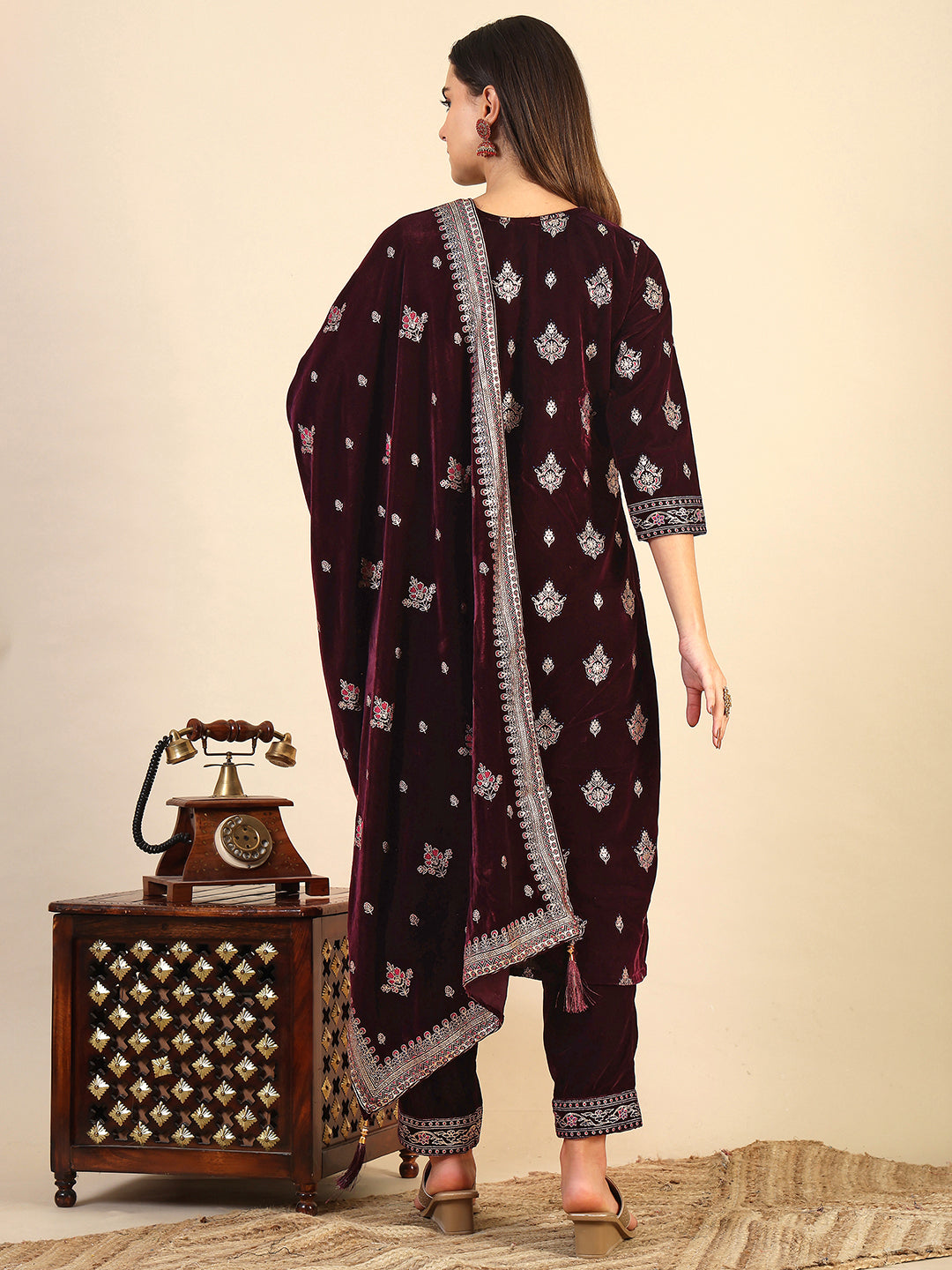 Hand & Foil Printed Velvet Kurta With Pant & Dupatta, Wine - Hiral Fashion