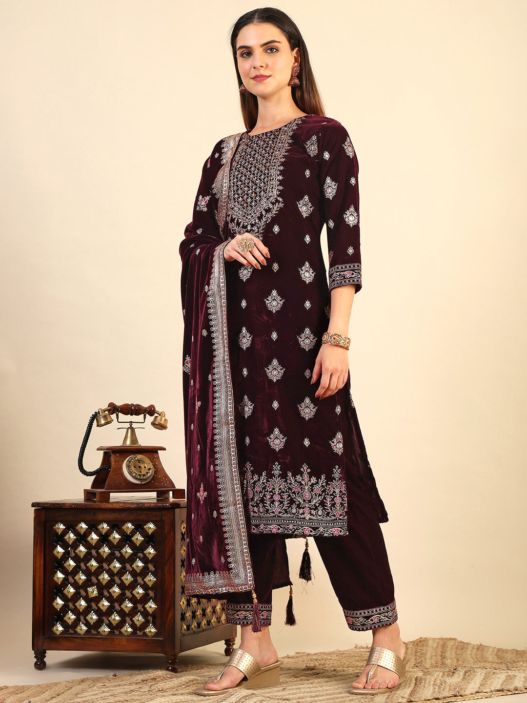 Hand & Foil Printed Velvet Kurta With Pant & Dupatta, Wine - Hiral Fashion