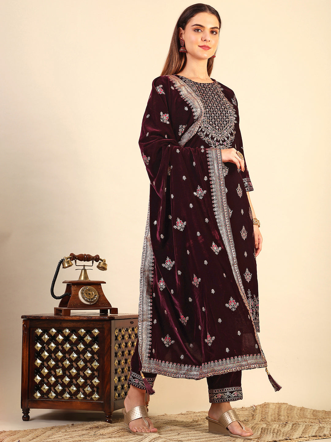 Hand & Foil Printed Velvet Kurta With Pant & Dupatta, Wine - Hiral Fashion