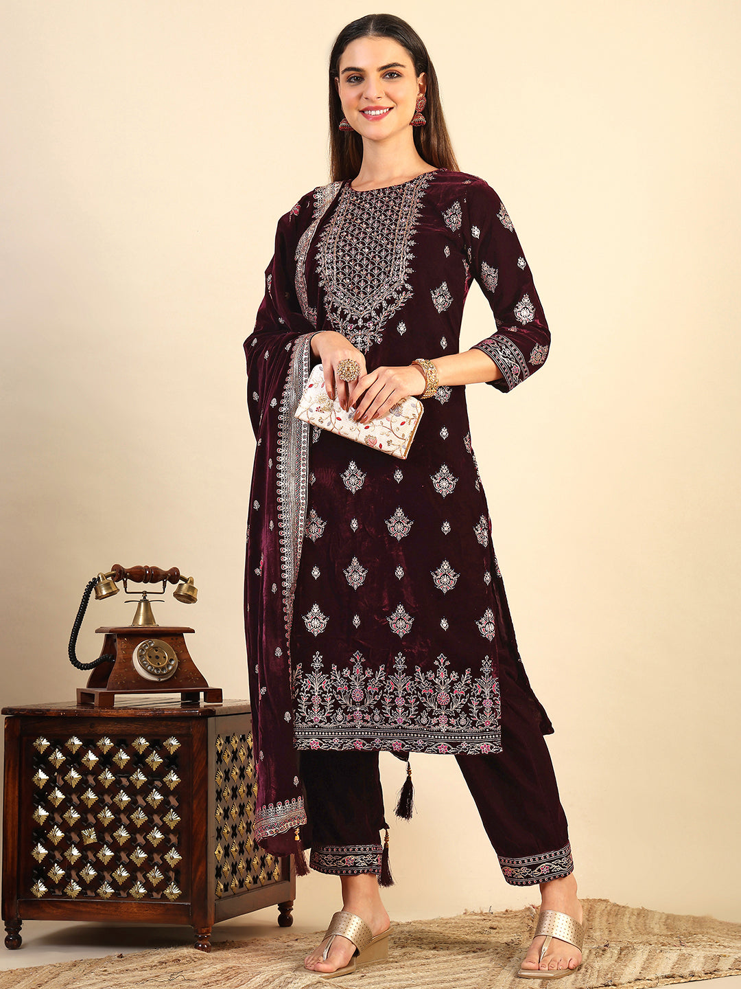 Hand & Foil Printed Velvet Kurta With Pant & Dupatta, Wine - Hiral Fashion