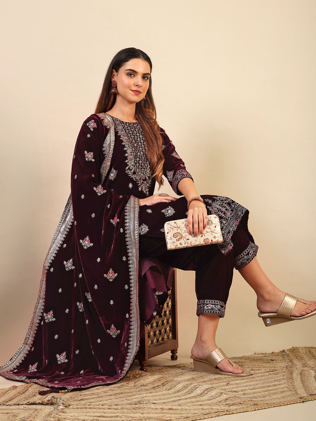 Hand & Foil Printed Velvet Kurta With Pant & Dupatta, Wine - Hiral Fashion
