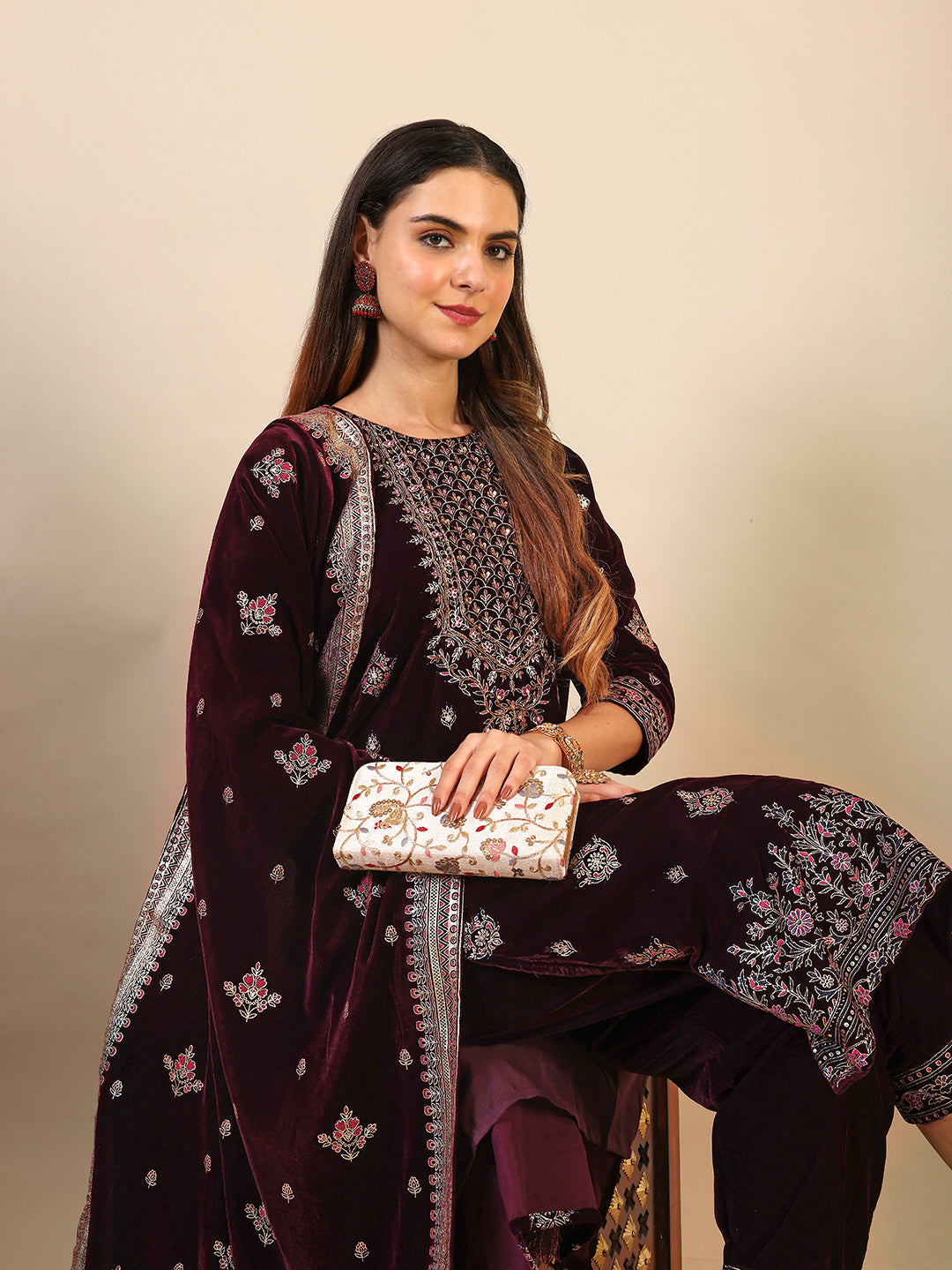 Hand & Foil Printed Velvet Kurta With Pant & Dupatta, Wine - Hiral Fashion