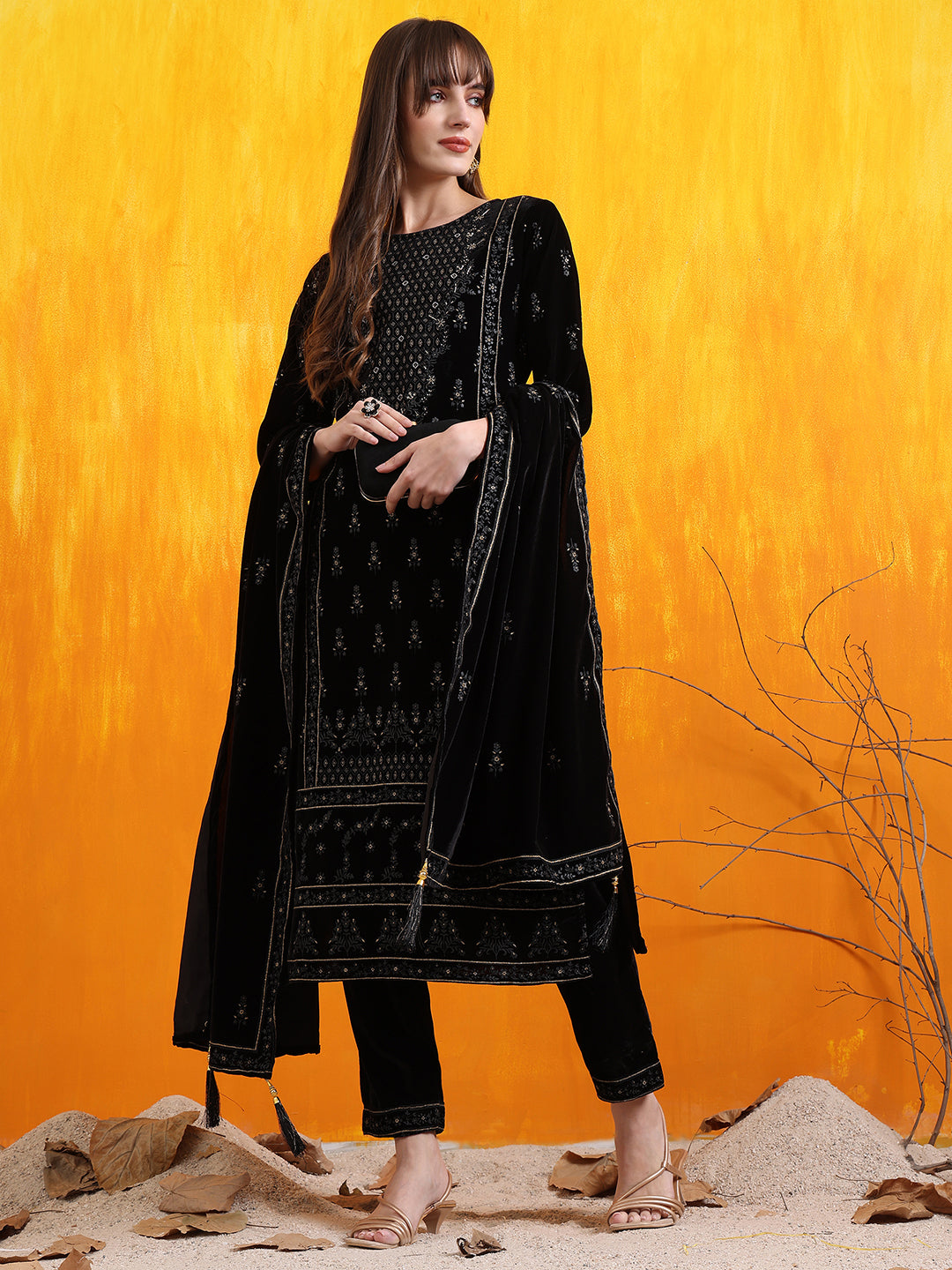 Hand Embroidered & Foil Printed Velvet Kurta With Pant & Dupatta, Black - Hiral Fashion