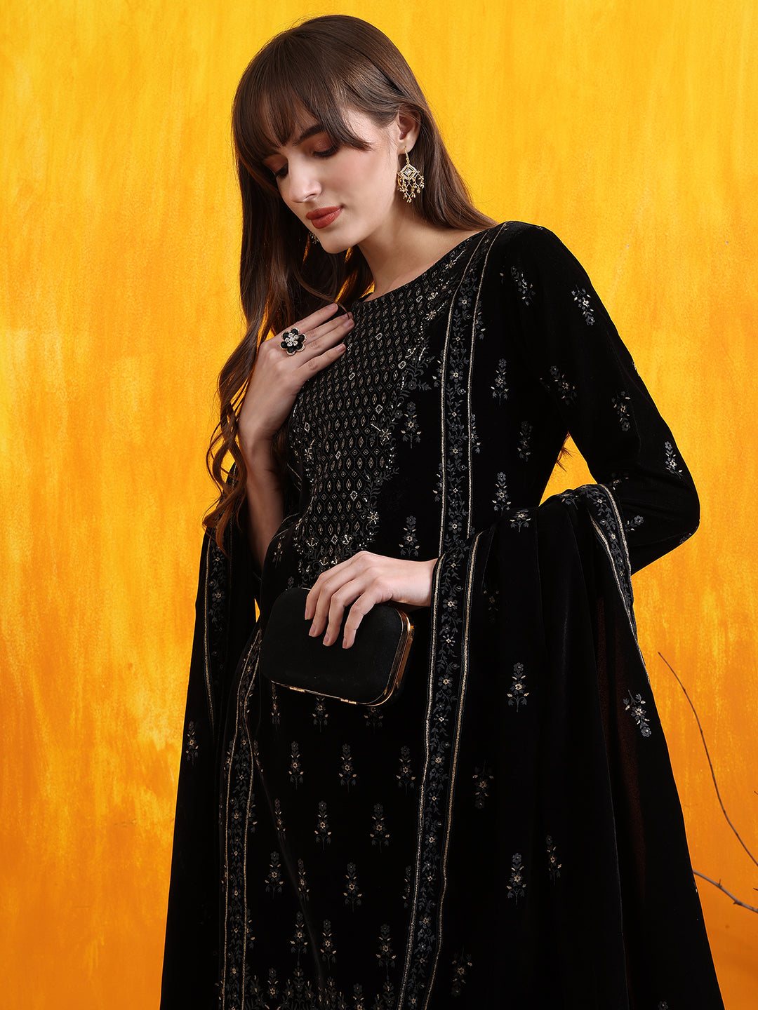 Hand Embroidered & Foil Printed Velvet Kurta With Pant & Dupatta, Black - Hiral Fashion
