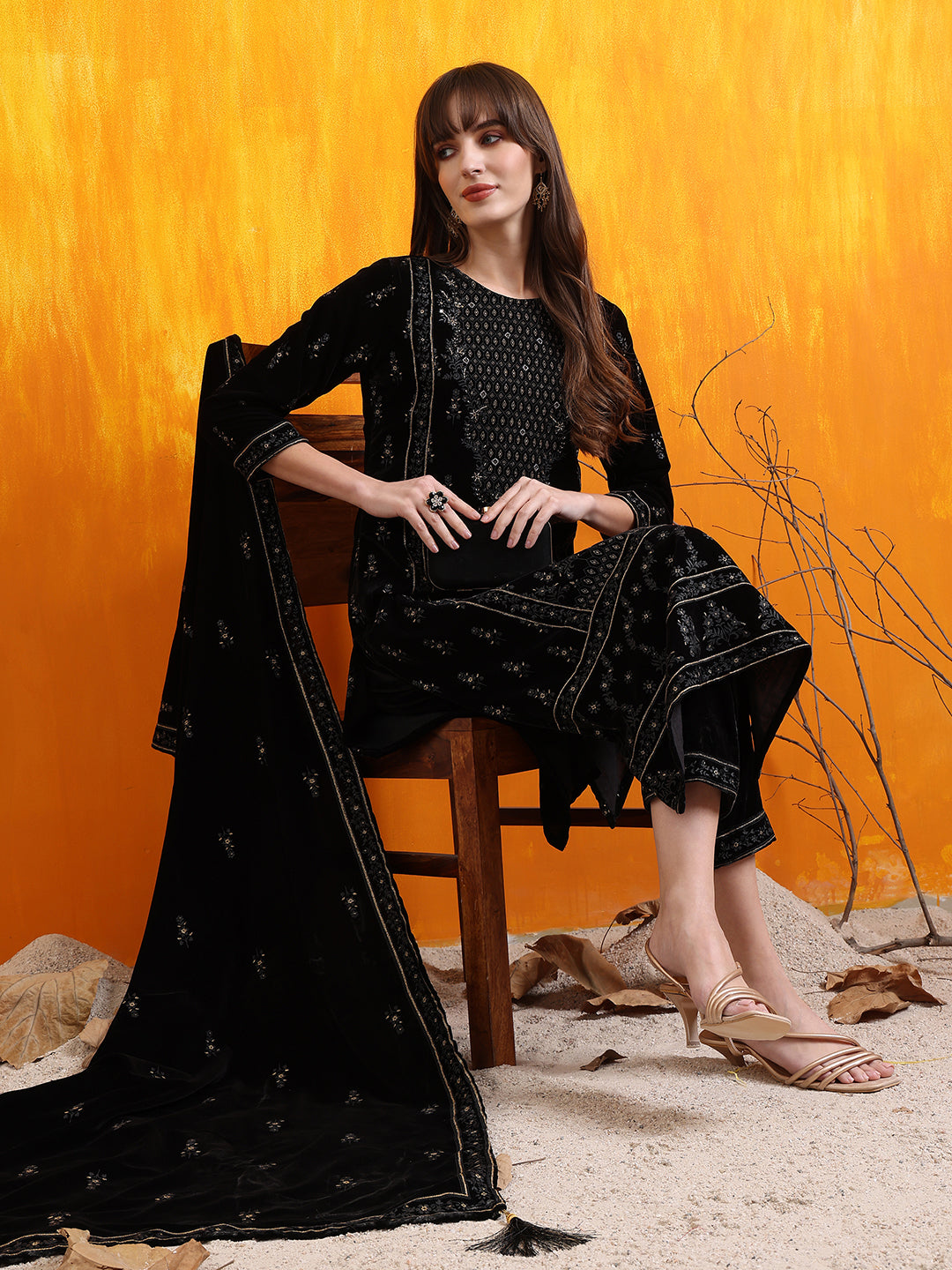 Hand Embroidered & Foil Printed Velvet Kurta With Pant & Dupatta, Black - Hiral Fashion