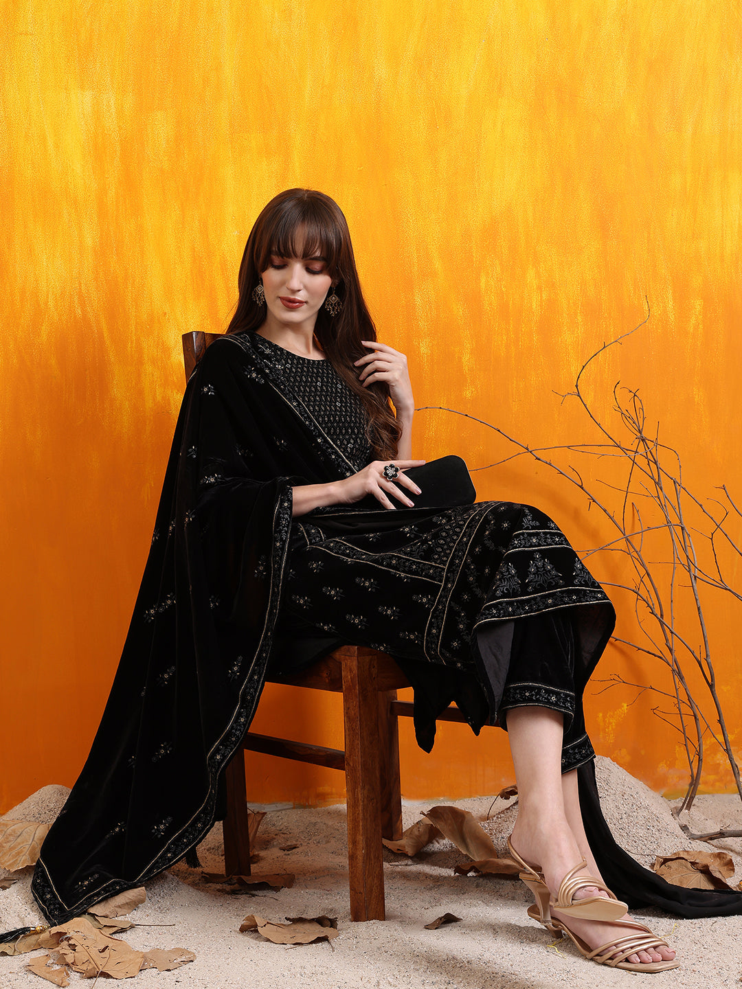 Hand Embroidered & Foil Printed Velvet Kurta With Pant & Dupatta, Black - Hiral Fashion