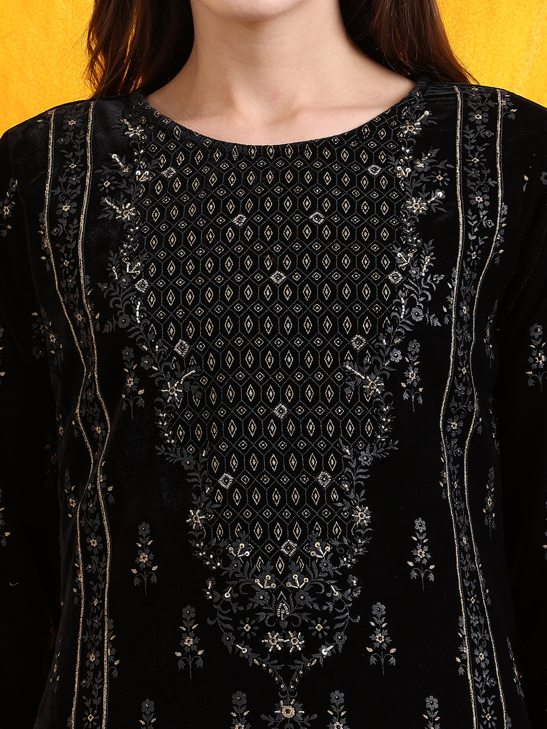 Hand Embroidered & Foil Printed Velvet Kurta With Pant & Dupatta, Black - Hiral Fashion