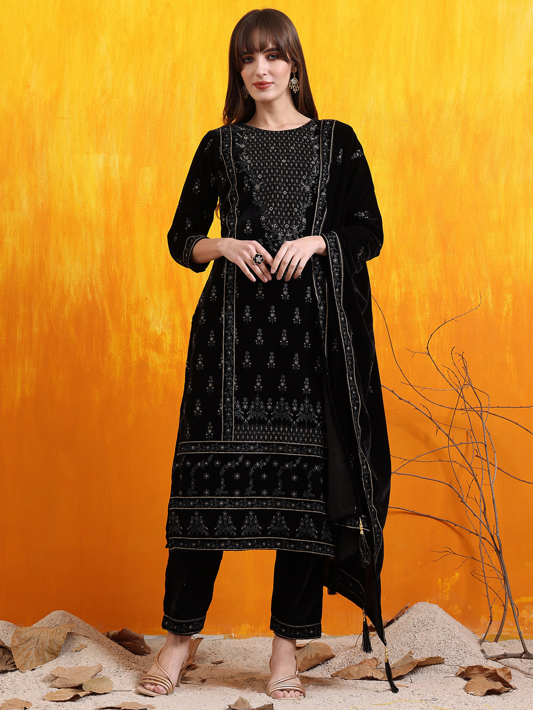Hand Embroidered & Foil Printed Velvet Kurta With Pant & Dupatta, Black - Hiral Fashion