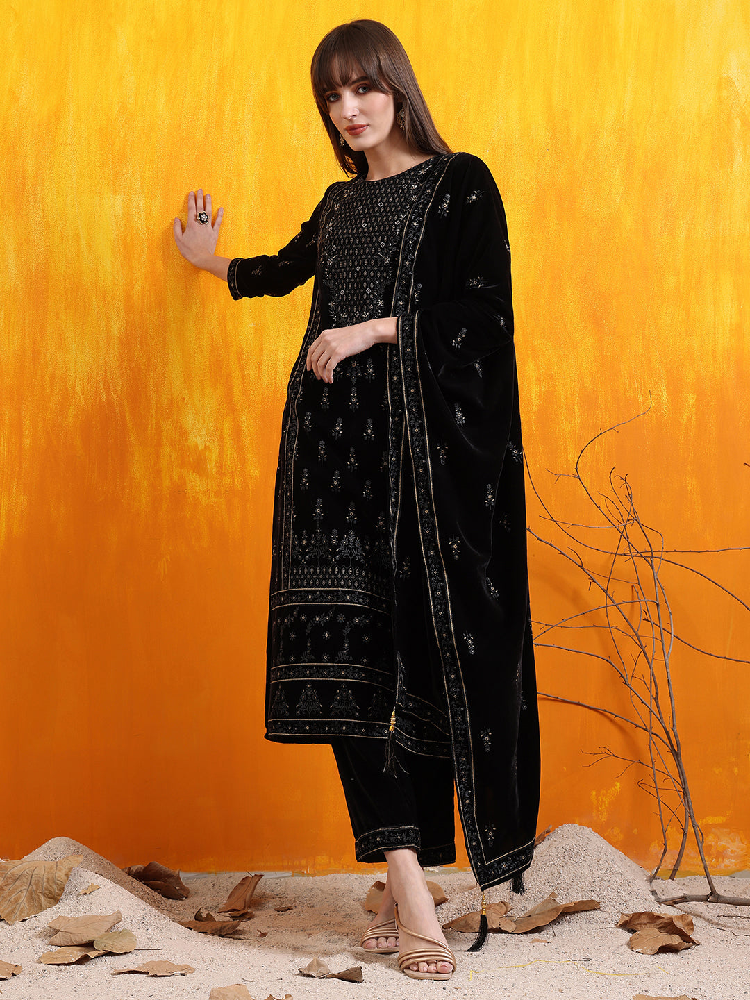 Hand Embroidered & Foil Printed Velvet Kurta With Pant & Dupatta, Black - Hiral Fashion