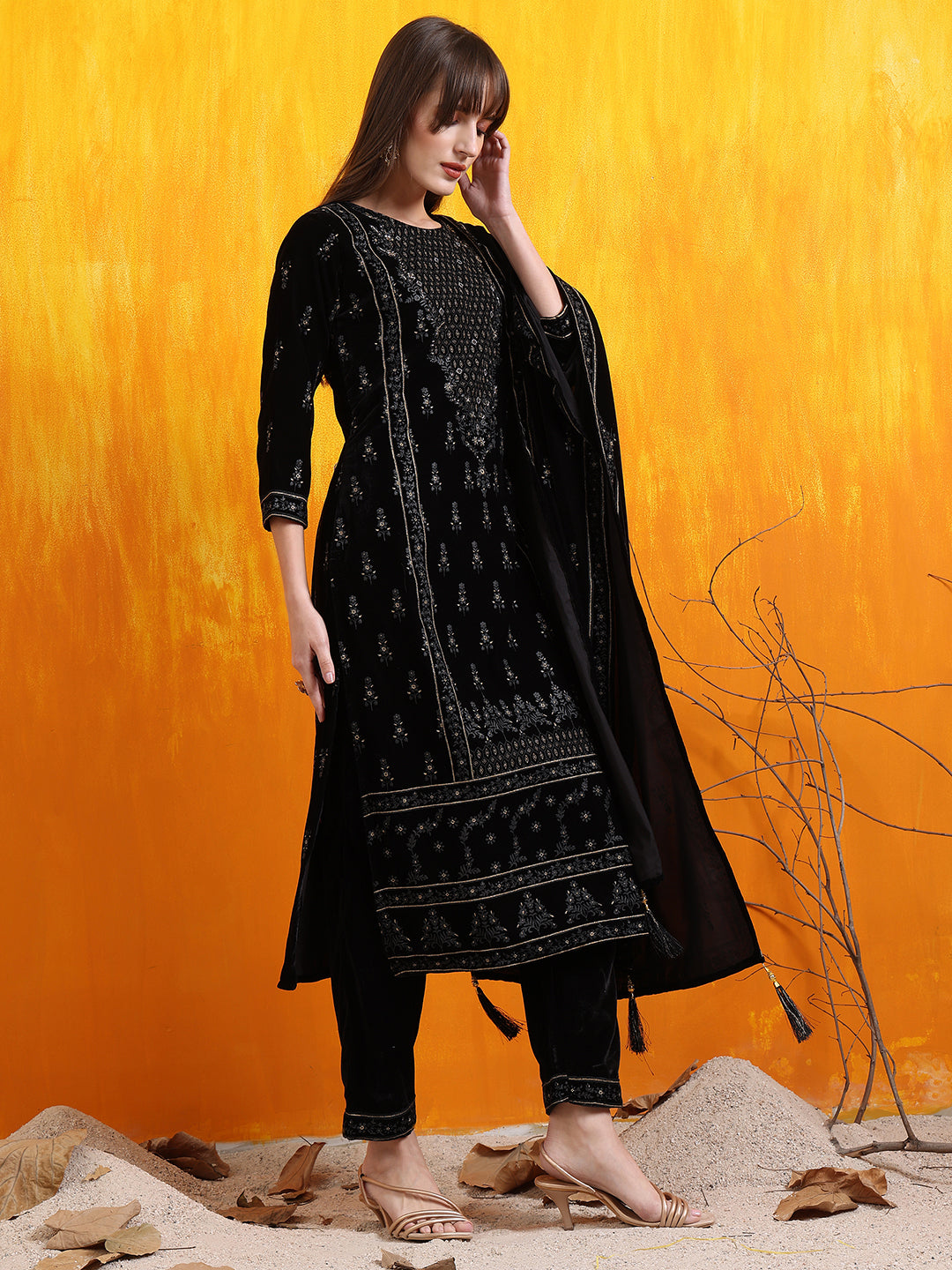 Hand Embroidered & Foil Printed Velvet Kurta With Pant & Dupatta, Black - Hiral Fashion