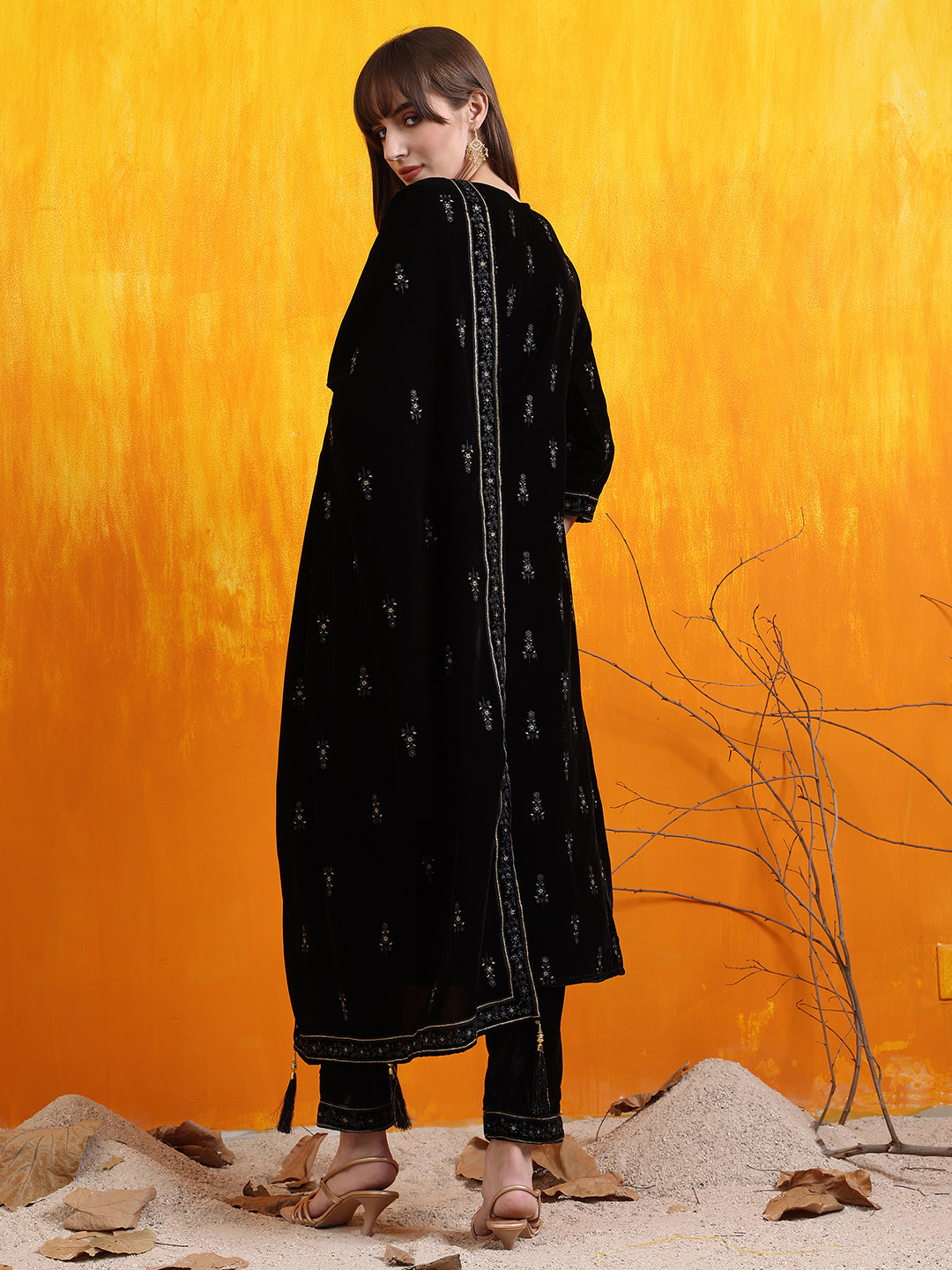 Hand Embroidered & Foil Printed Velvet Kurta With Pant & Dupatta, Black - Hiral Fashion
