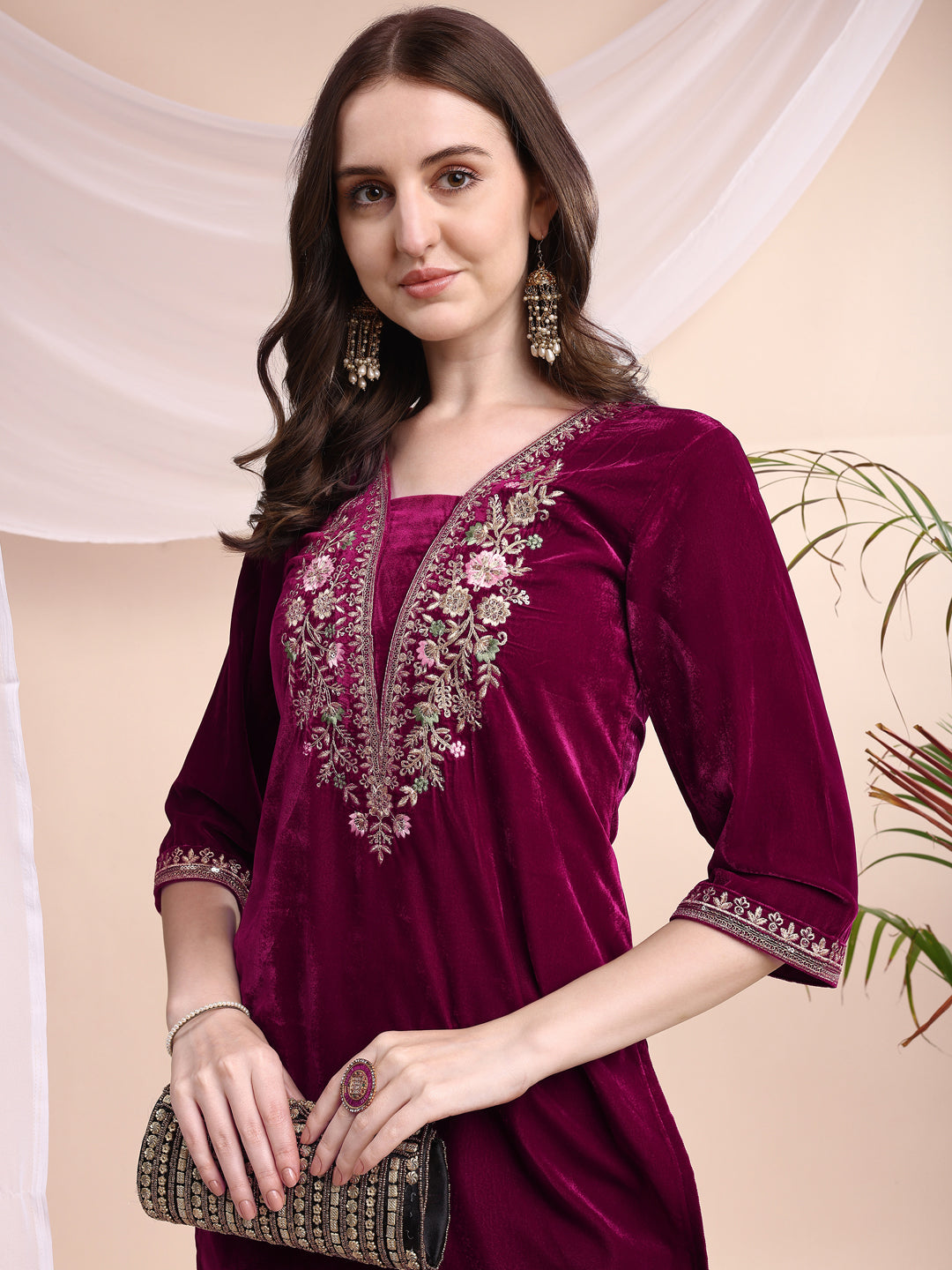 Embroidered Velvet Co-Ords, Pink - Hiral Fashion