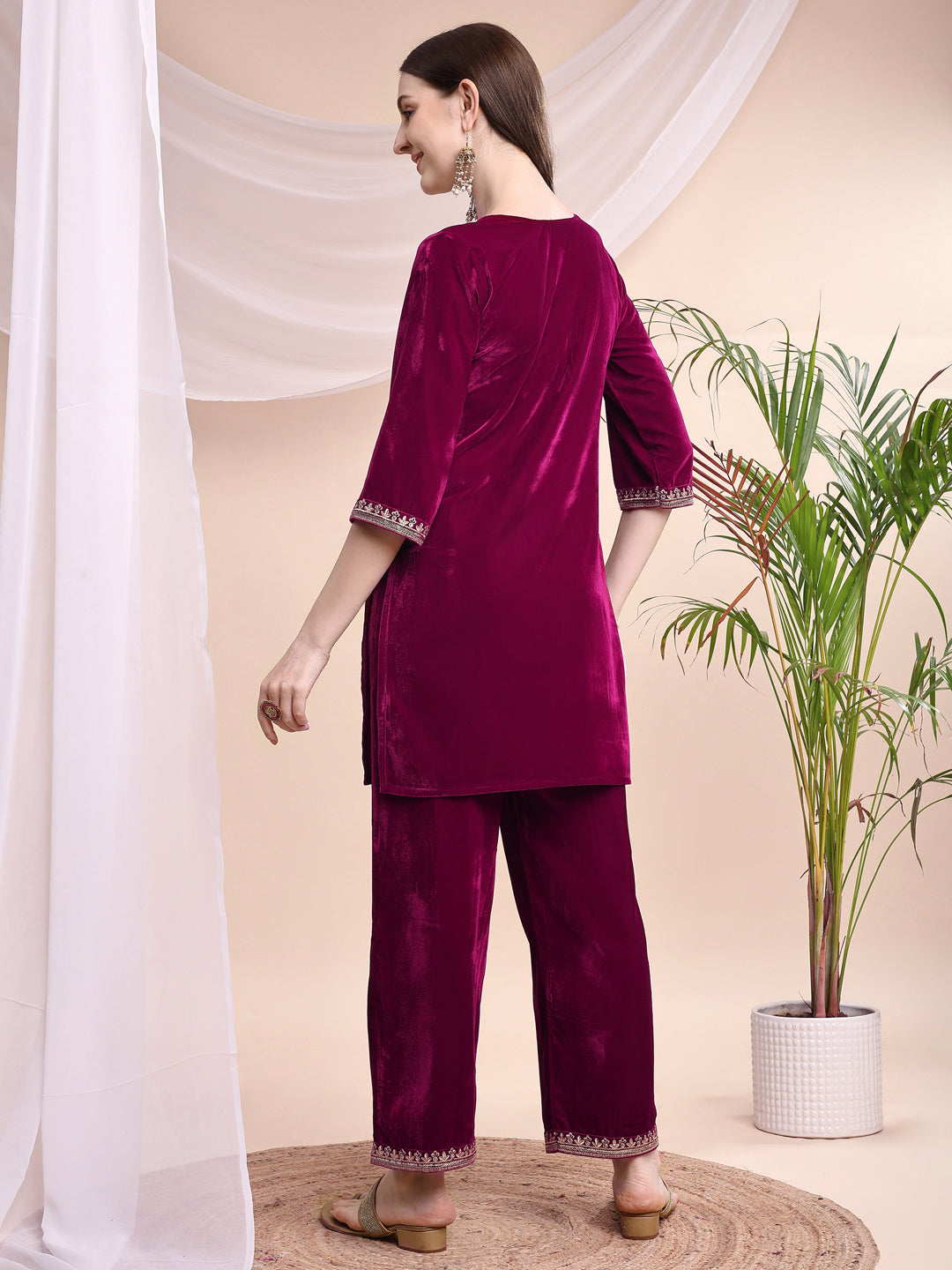 Embroidered Velvet Co-Ords, Pink - Hiral Fashion