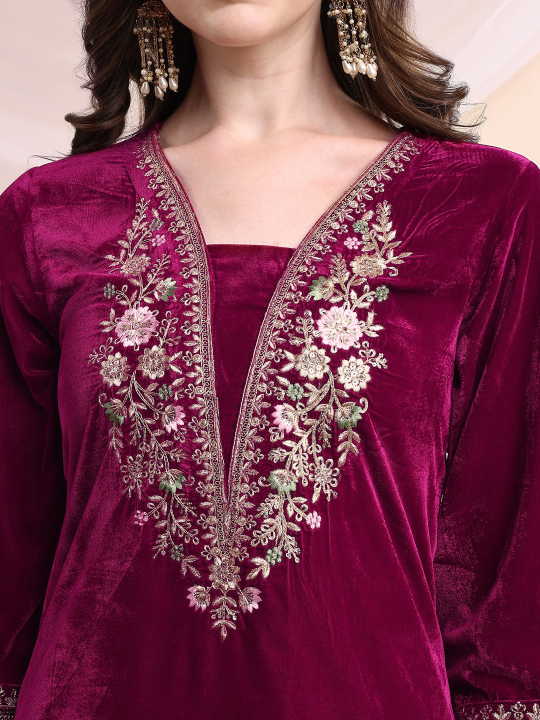 Embroidered Velvet Co-Ords, Pink - Hiral Fashion