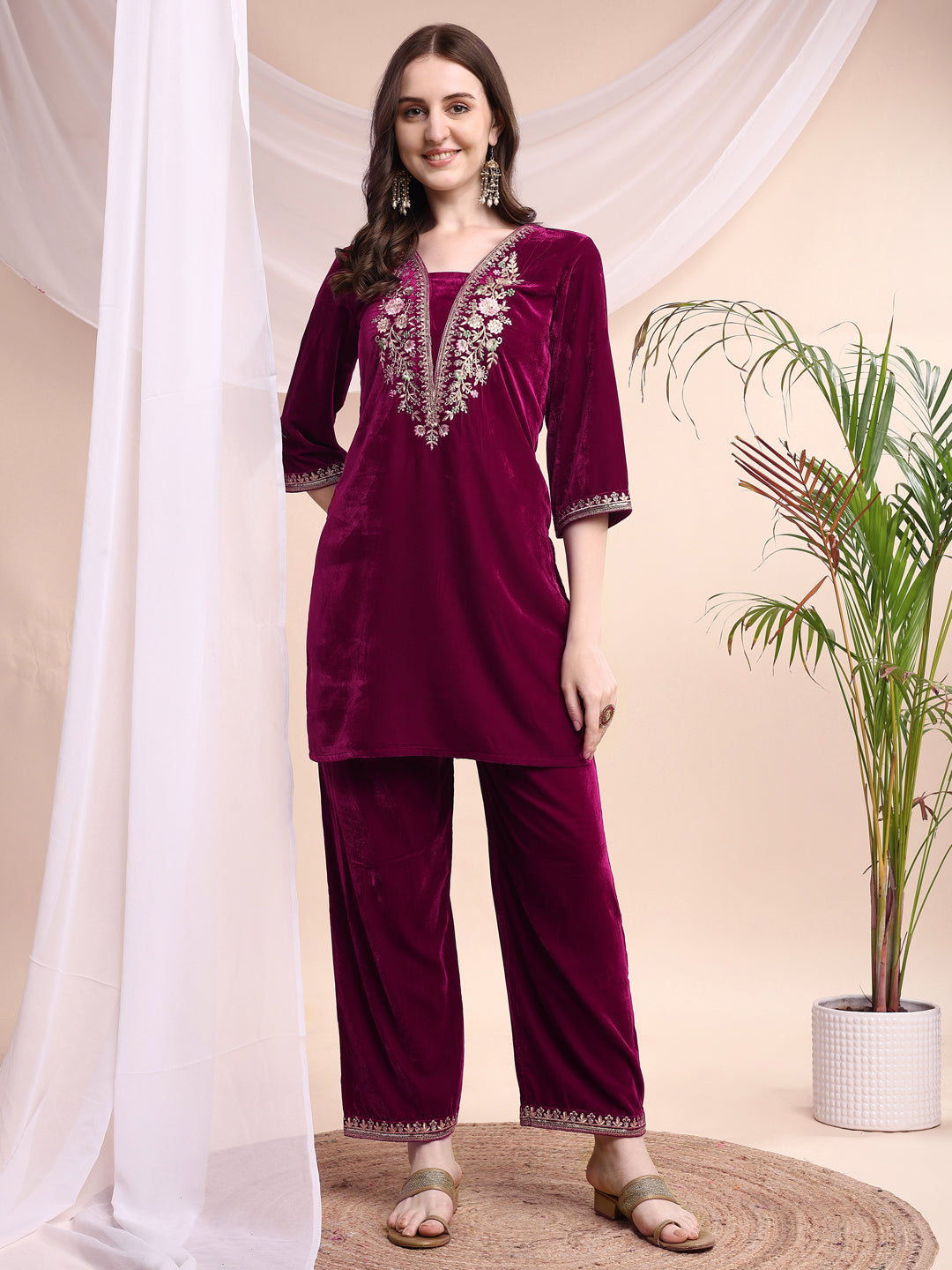 Embroidered Velvet Co-Ords, Pink - Hiral Fashion