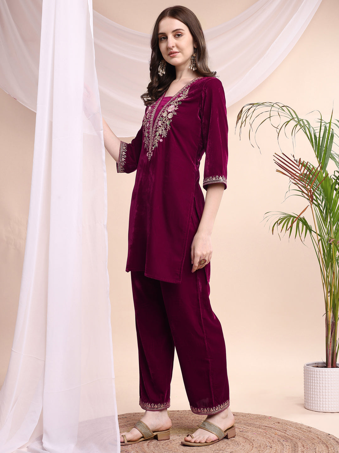 Embroidered Velvet Co-Ords, Pink - Hiral Fashion