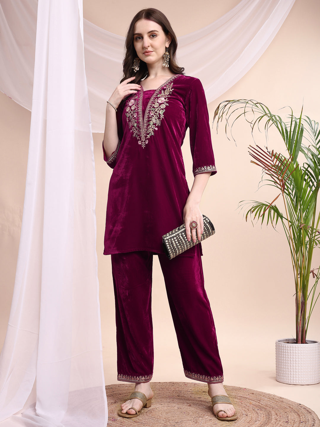 Embroidered Velvet Co-Ords, Pink - Hiral Fashion