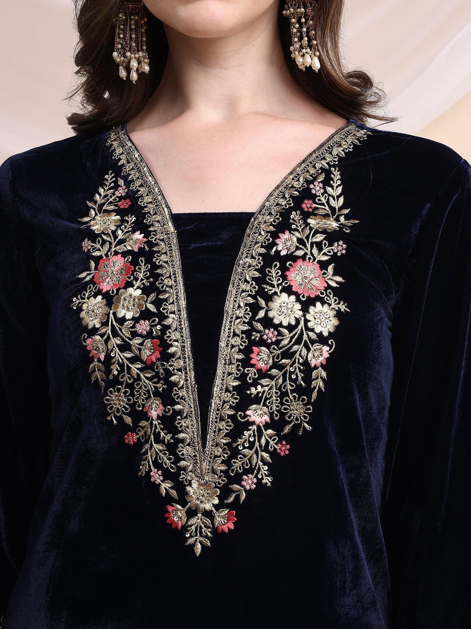 Embroidered Velvet Co-Ords, Navy Blue - Hiral Fashion