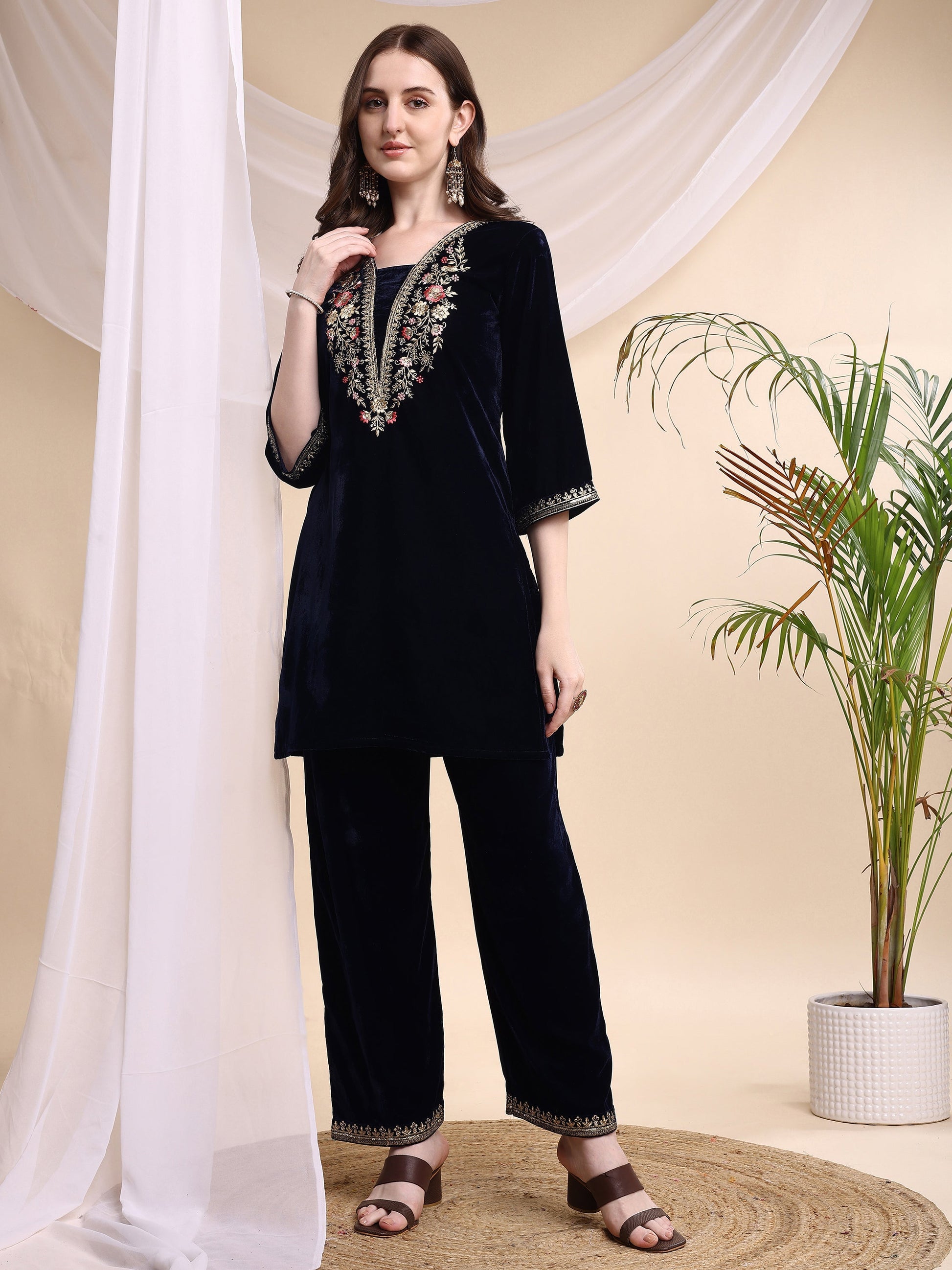 Embroidered Velvet Co-Ords, Navy Blue - Hiral Fashion