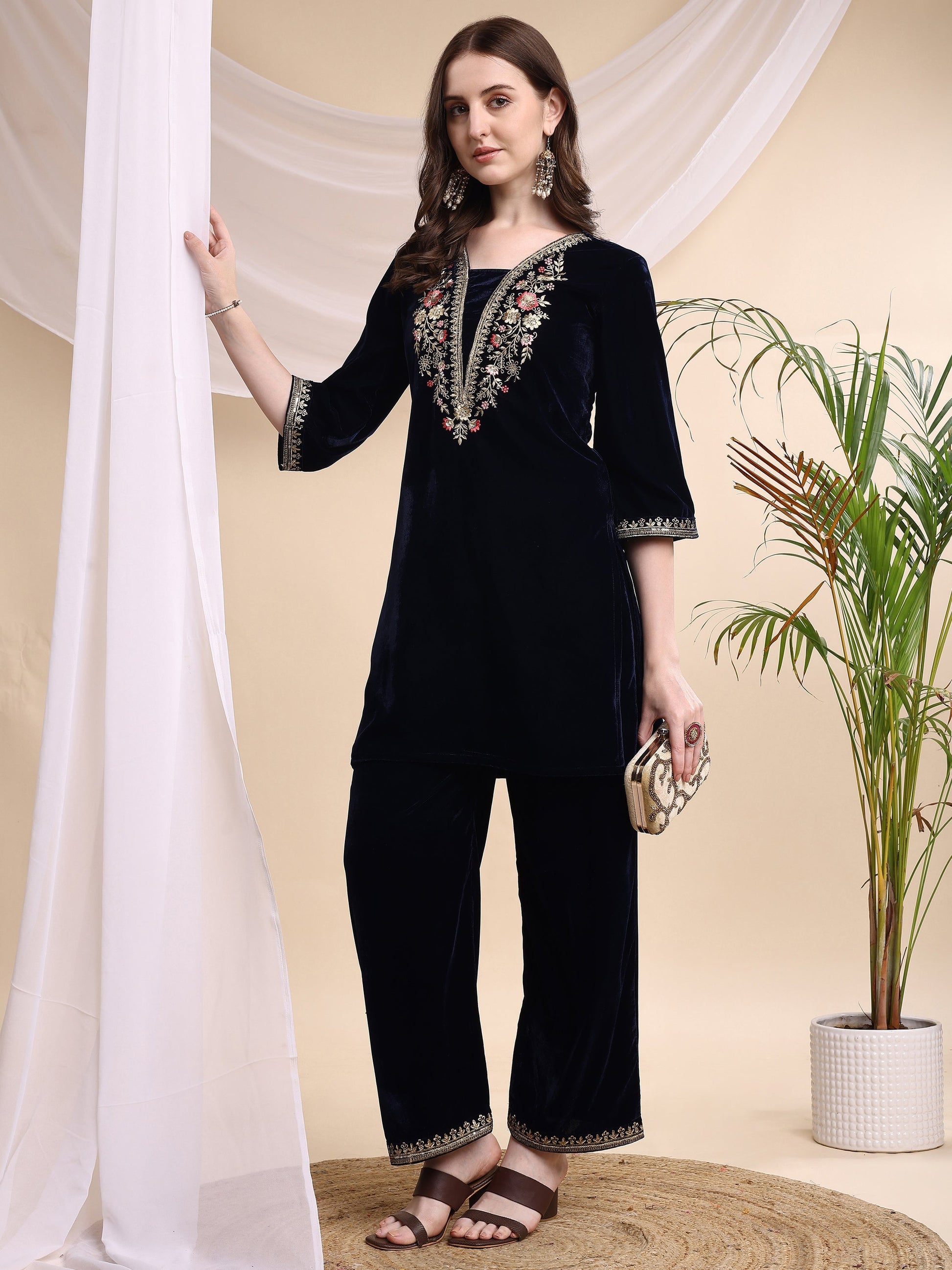Embroidered Velvet Co-Ords, Navy Blue - Hiral Fashion