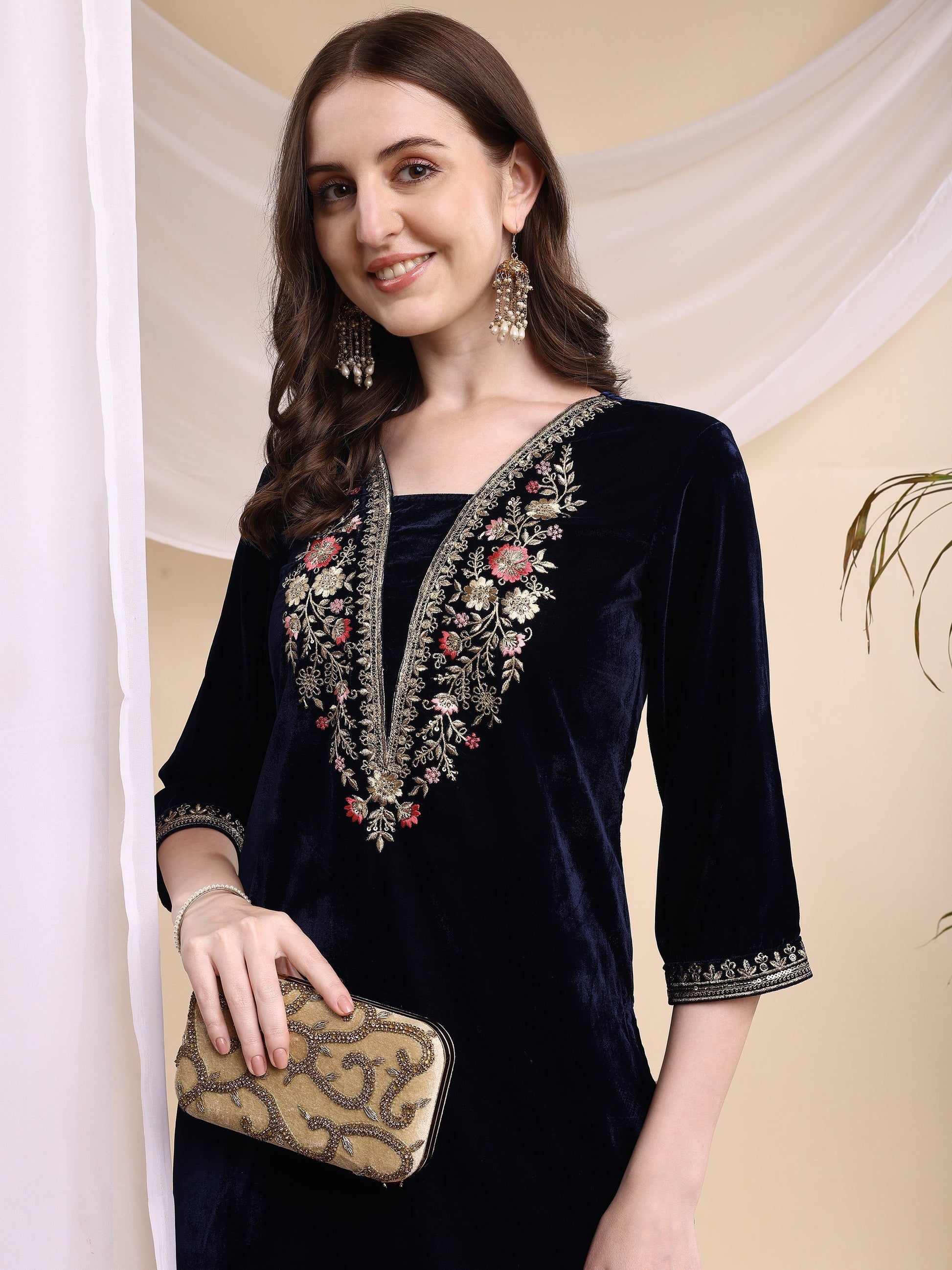Embroidered Velvet Co-Ords, Navy Blue - Hiral Fashion