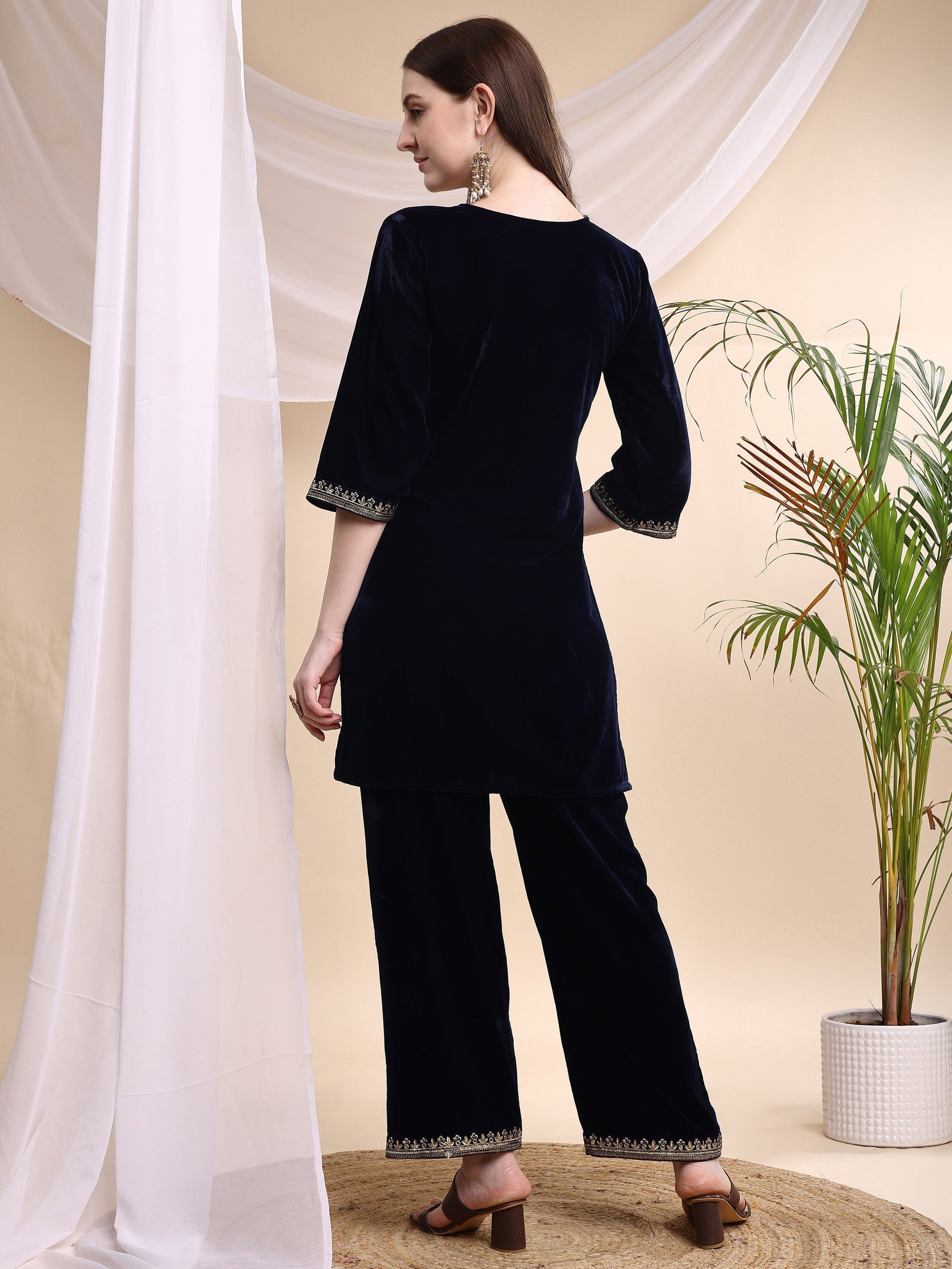 Embroidered Velvet Co-Ords, Navy Blue - Hiral Fashion
