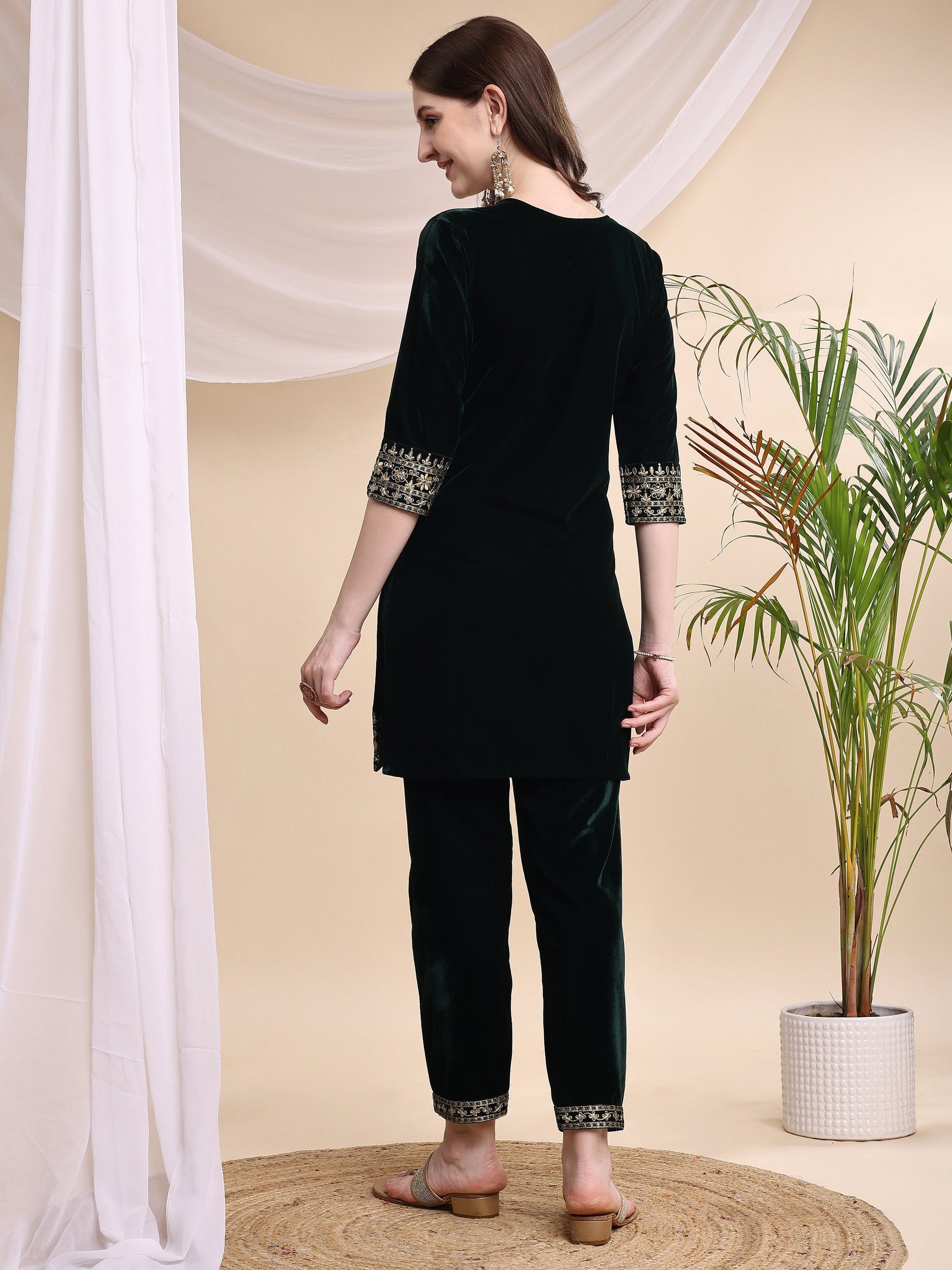 Embroidered Velvet Co-Ords, Bottle-Green - Hiral Fashion