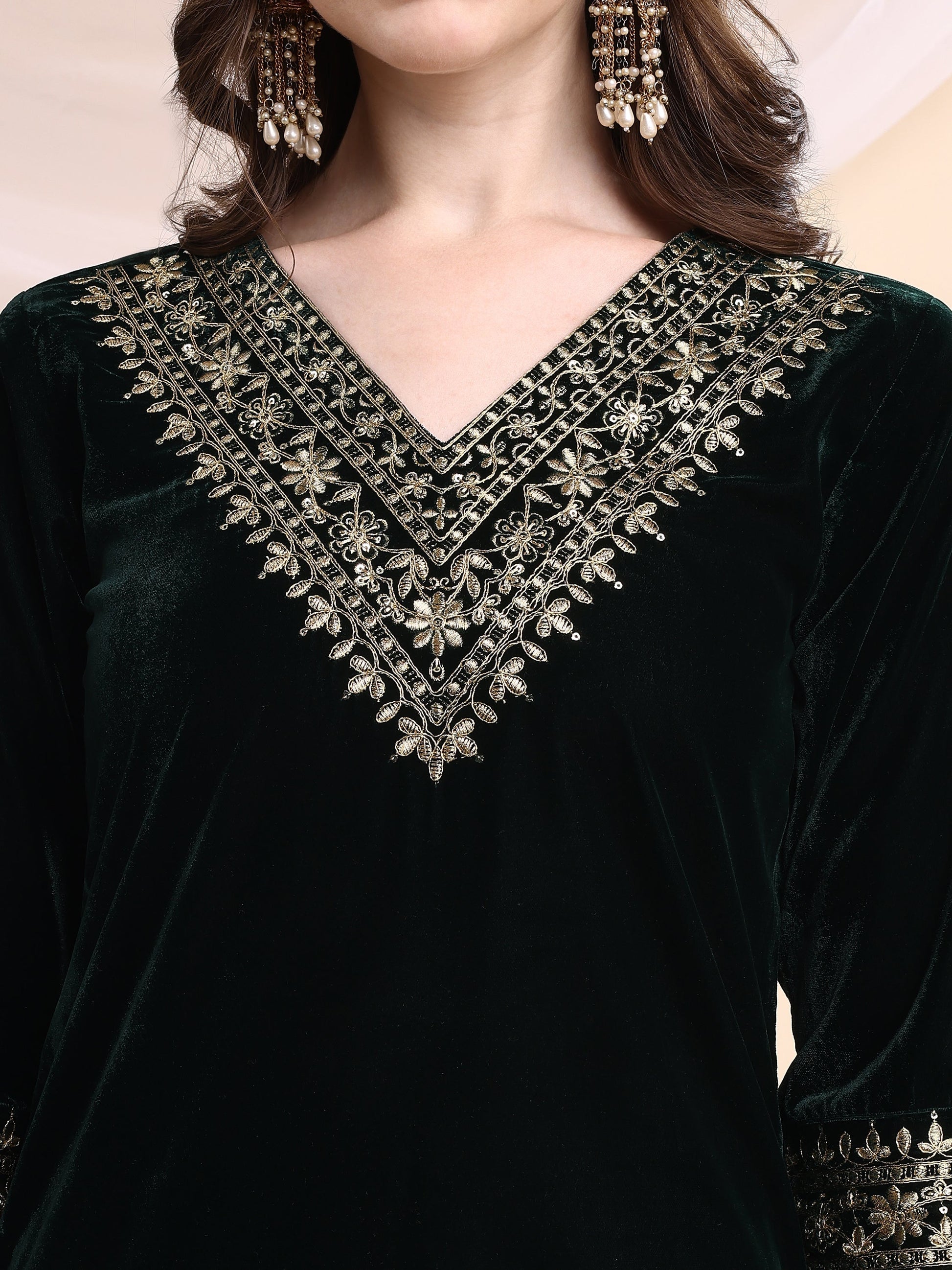 Embroidered Velvet Co-Ords, Bottle-Green - Hiral Fashion