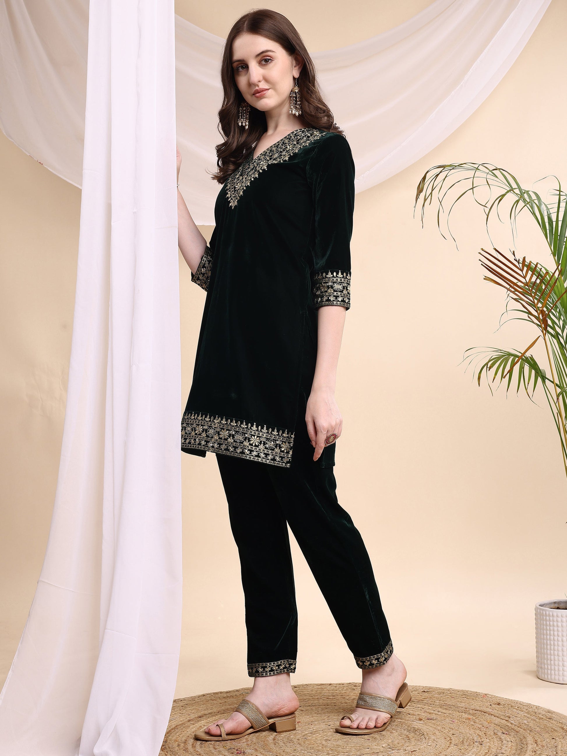 Embroidered Velvet Co-Ords, Bottle-Green - Hiral Fashion