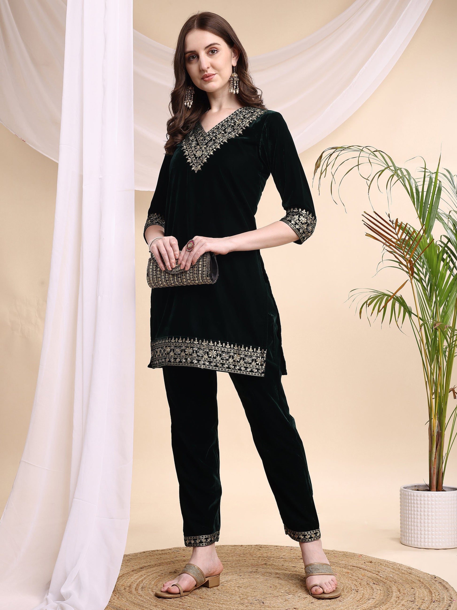 Embroidered Velvet Co-Ords, Bottle-Green - Hiral Fashion