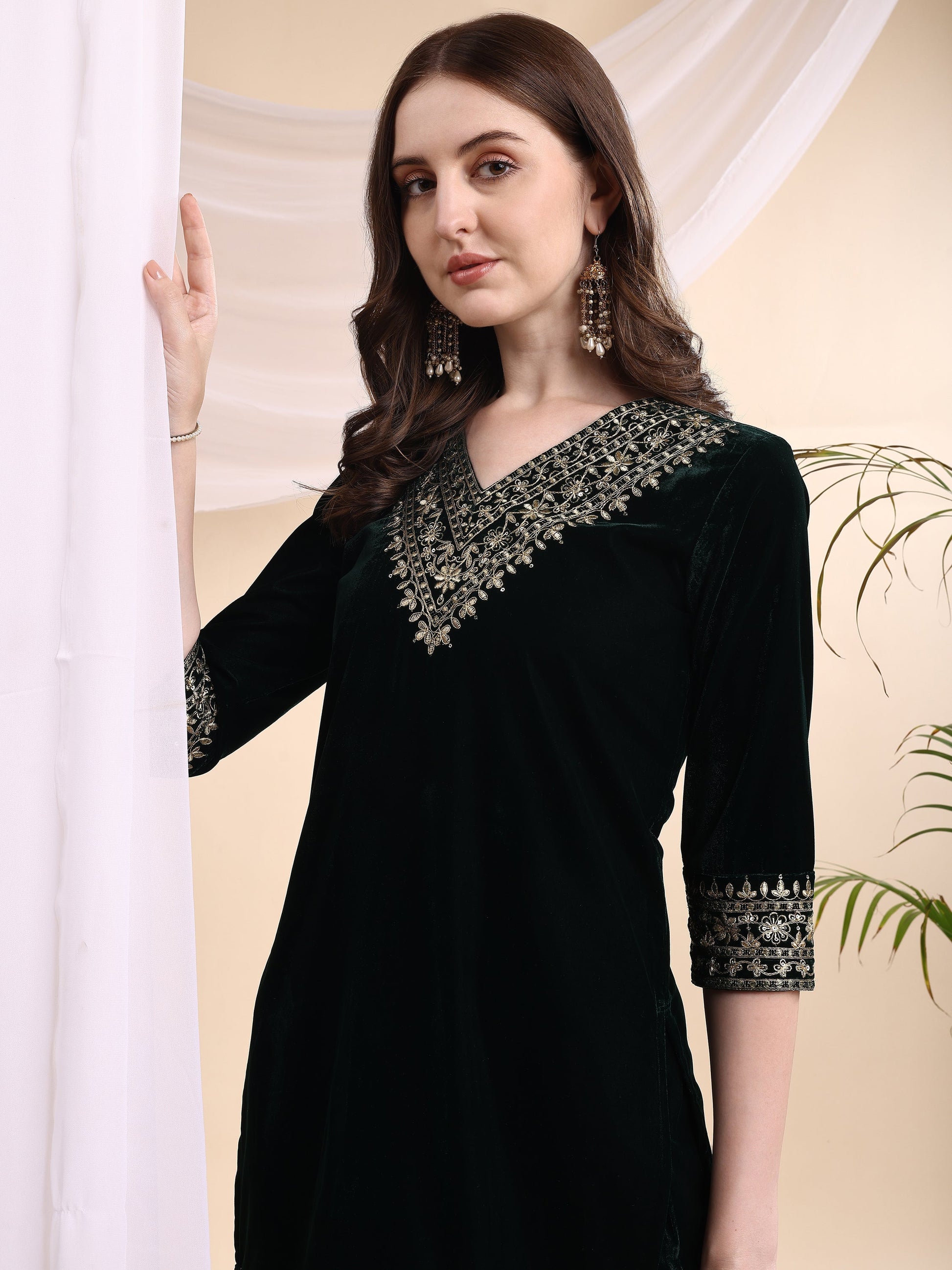 Embroidered Velvet Co-Ords, Bottle-Green - Hiral Fashion