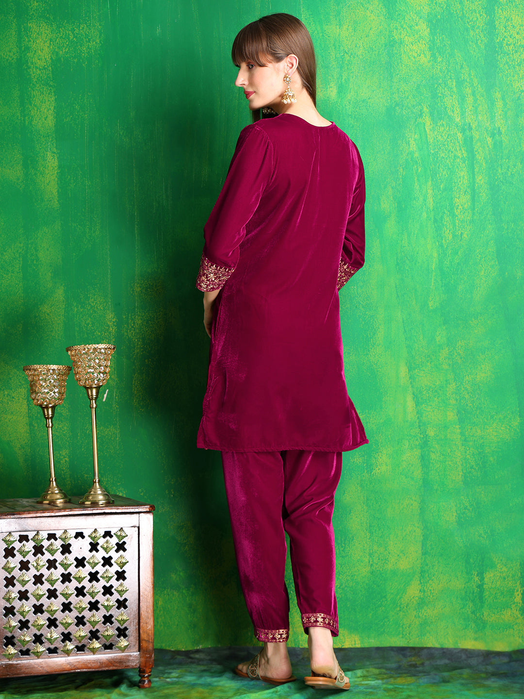 Embroidered Velvet Co-Ords, Pink - Hiral Fashion