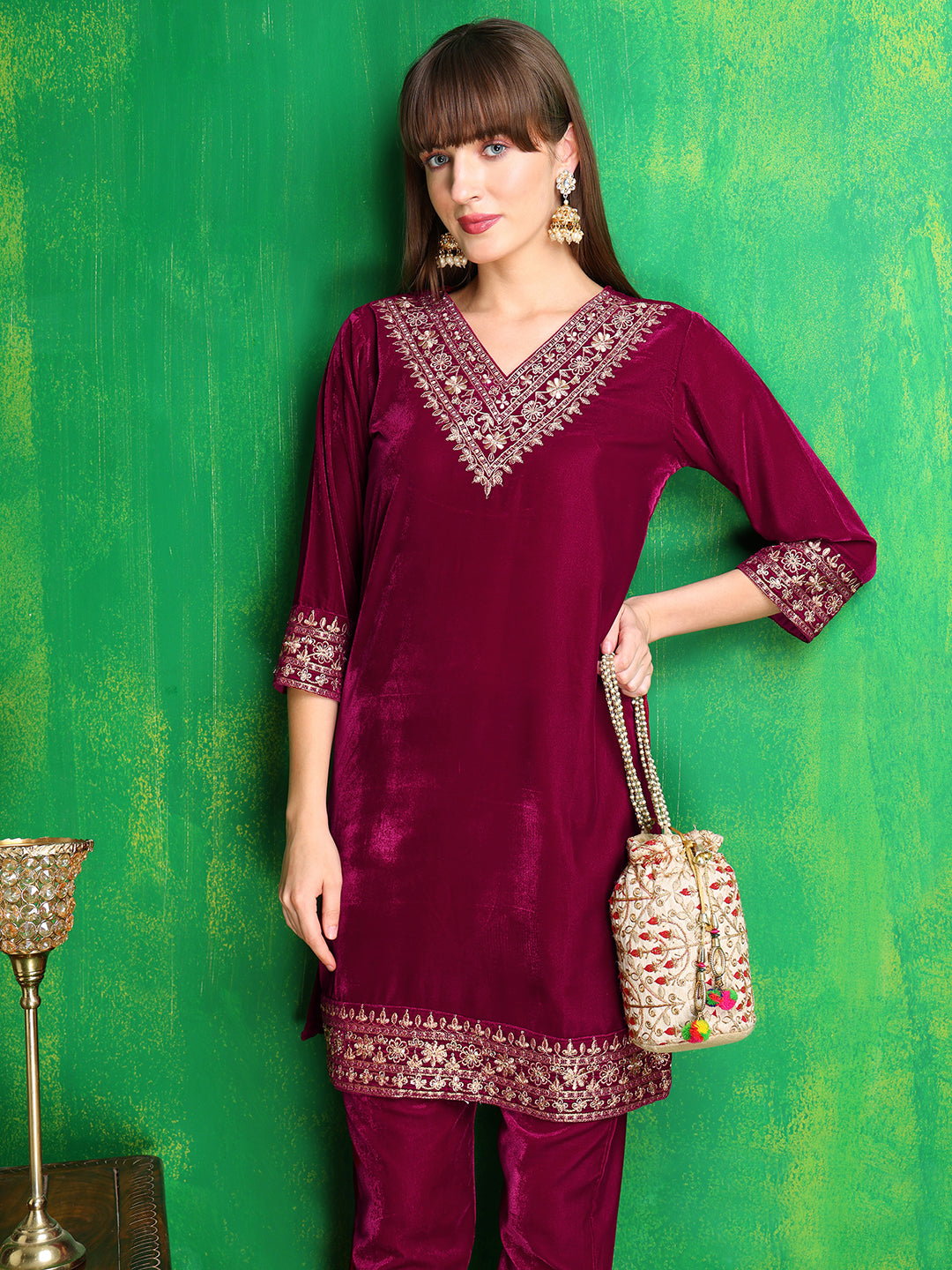 Embroidered Velvet Co-Ords, Pink - Hiral Fashion