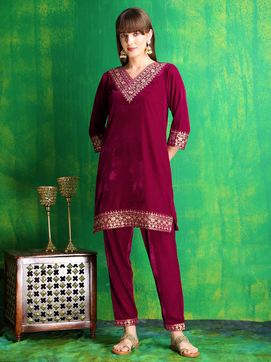 Embroidered Velvet Co-Ords, Pink - Hiral Fashion