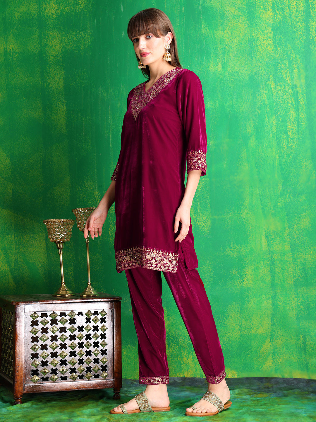 Embroidered Velvet Co-Ords, Pink - Hiral Fashion