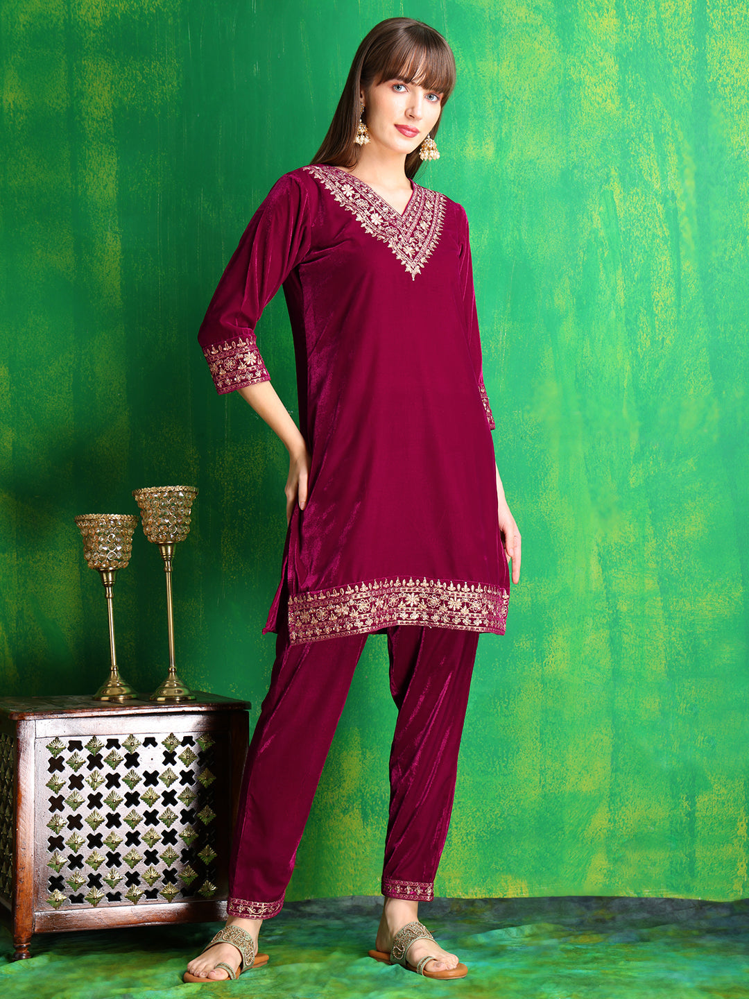 Embroidered Velvet Co-Ords, Pink - Hiral Fashion