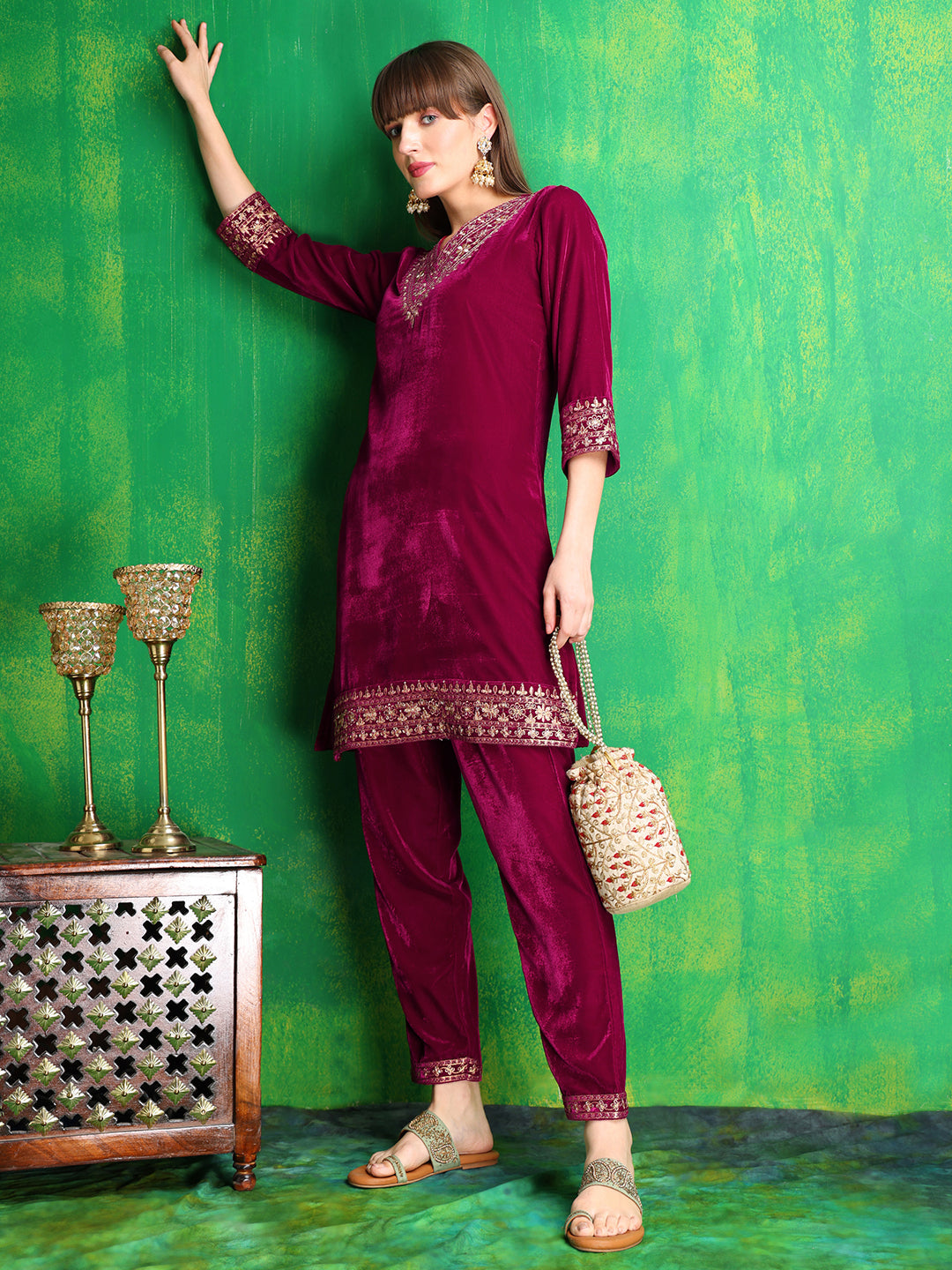 Embroidered Velvet Co-Ords, Pink - Hiral Fashion
