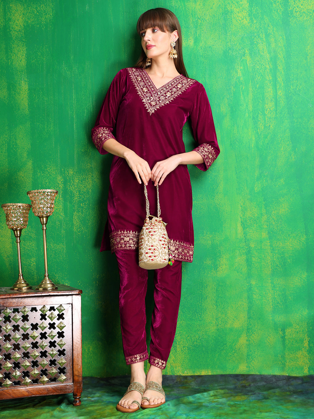 Embroidered Velvet Co-Ords, Pink - Hiral Fashion